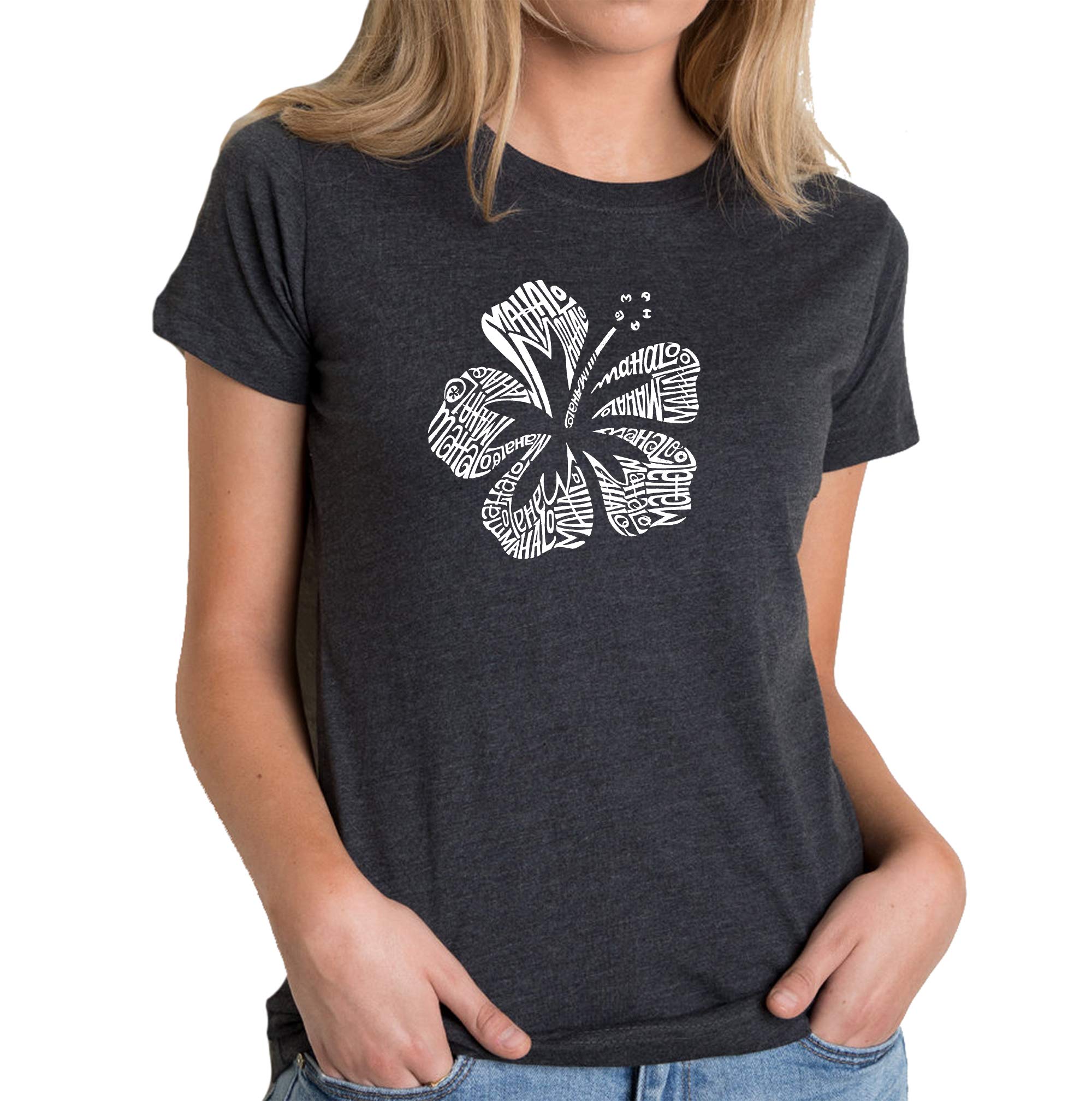 LA POP ART Women's Premium Blend Word Art T-Shirt - Mahalo Hawaiian Style Graphic Tee | Soft Cotton Comfort Fit Casual Top for Beach Vacation, Summer Outfits & Aloha Spirit Fashion