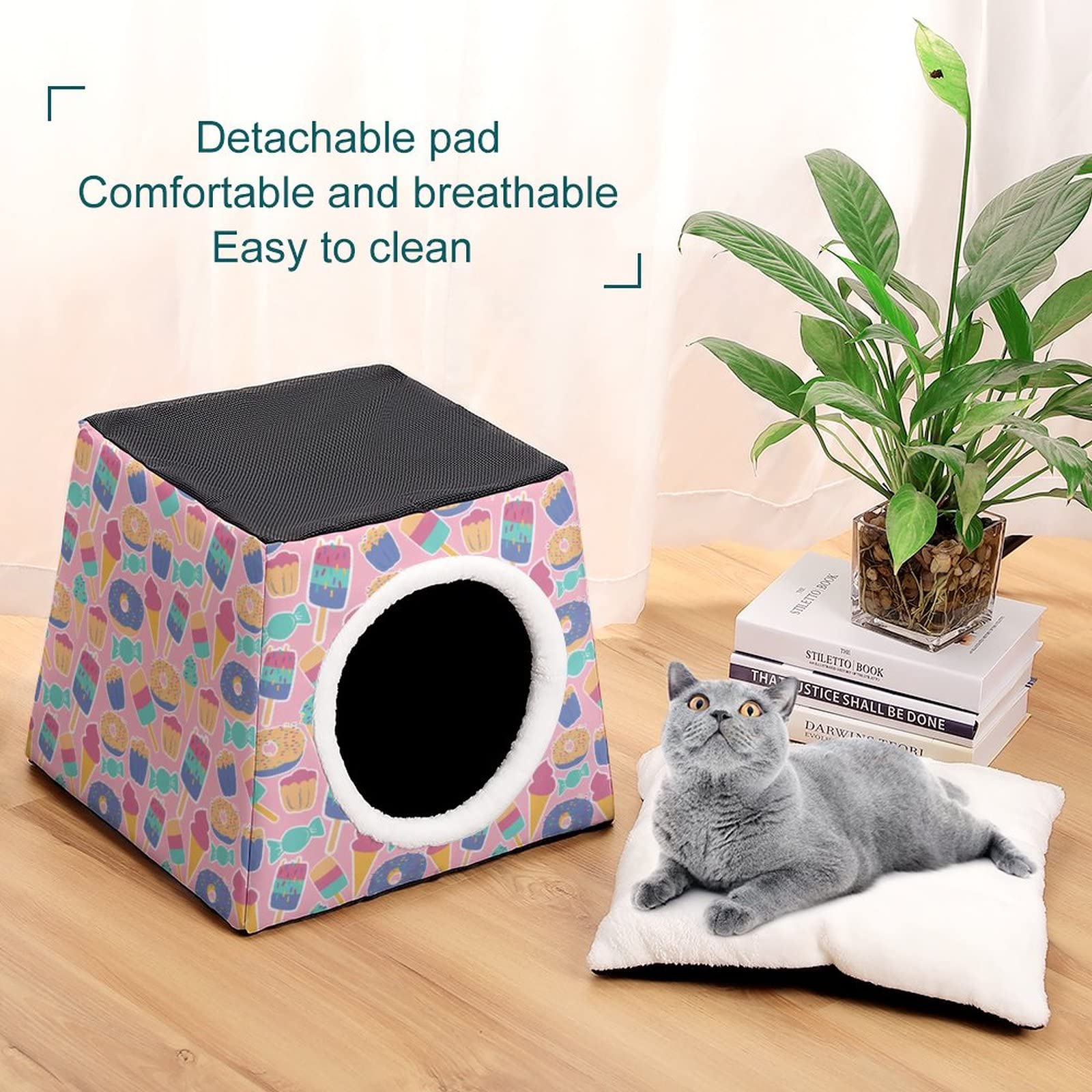 Printed Cat Cube Kitty House - Indoor Cat Bed & Small Dog Shelter - Warm & Cozy Pet Sofa - Perfect for Cuddling, Napping & Playtime