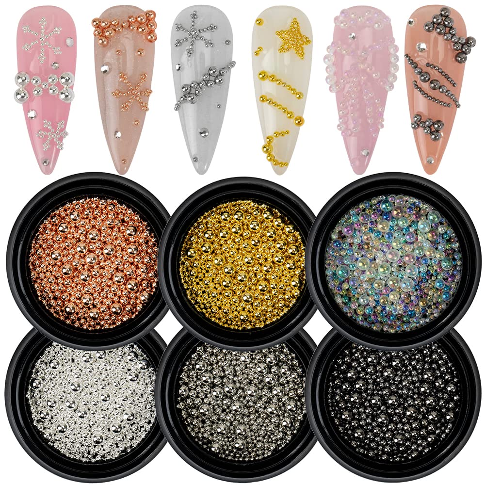 6 Boxes Nail Art Beads Kit - Gold Silver Rose Gold Metal Balls & Steel Caviar Beads for DIY Nail Design, Manicure, Crafts & Home Decoration | Perfect for Professional Salons, Bridal Nails & Gift Making