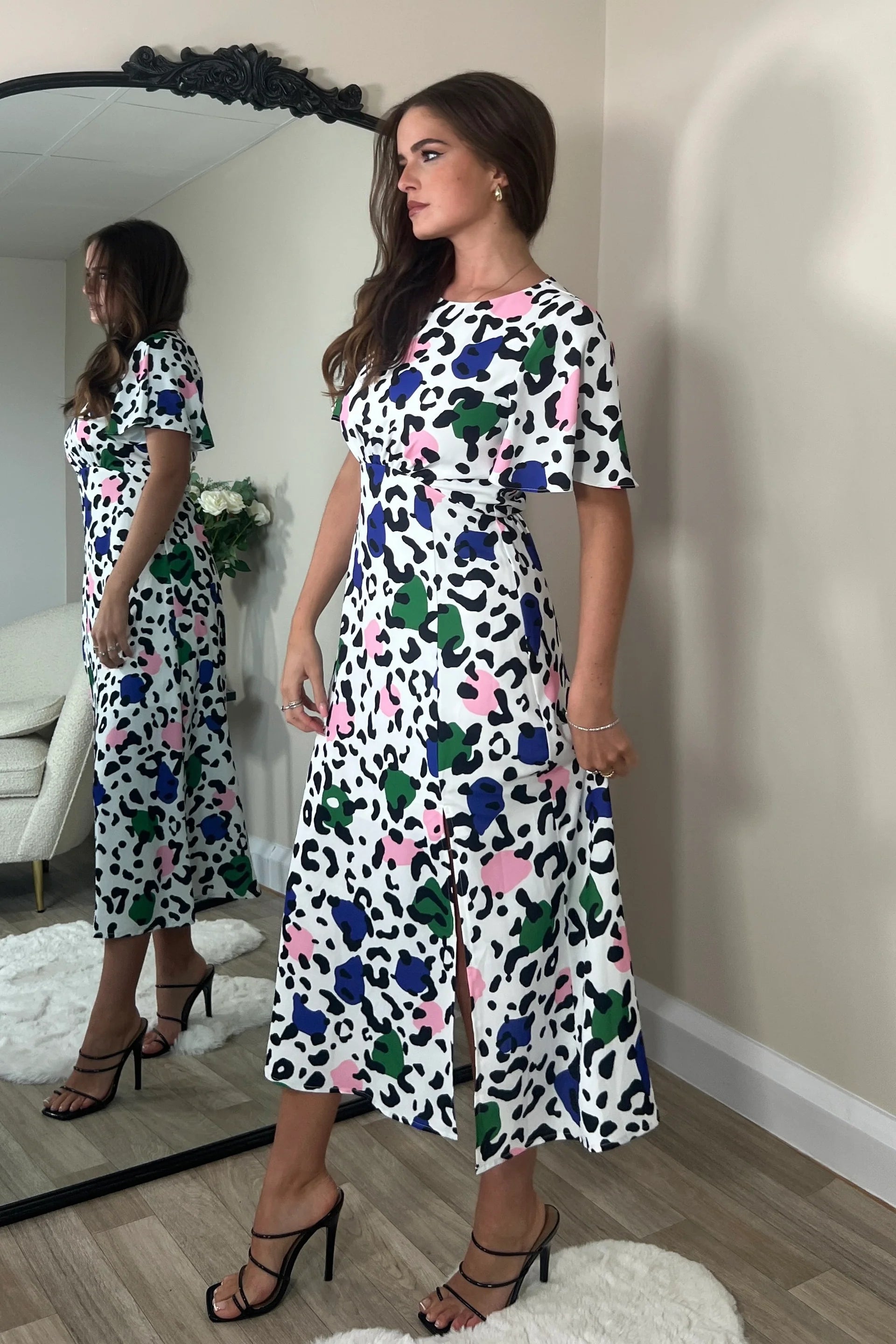 Britney Angel Sleeve Split Leg Midi Dress - Floral Print Summer Party Dress for Women, Perfect for Cocktail Parties, Date Nights & Beach Vacations