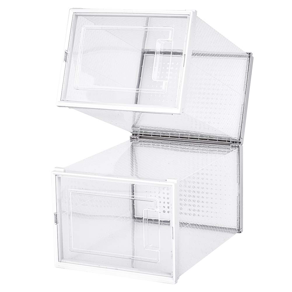 Stackable Clear Shoe Storage Box - Large Interlocking Plastic Shoe Organizer with Lid (White/Transparent) | Perfect for Closet Organization & Sneaker Collection Display