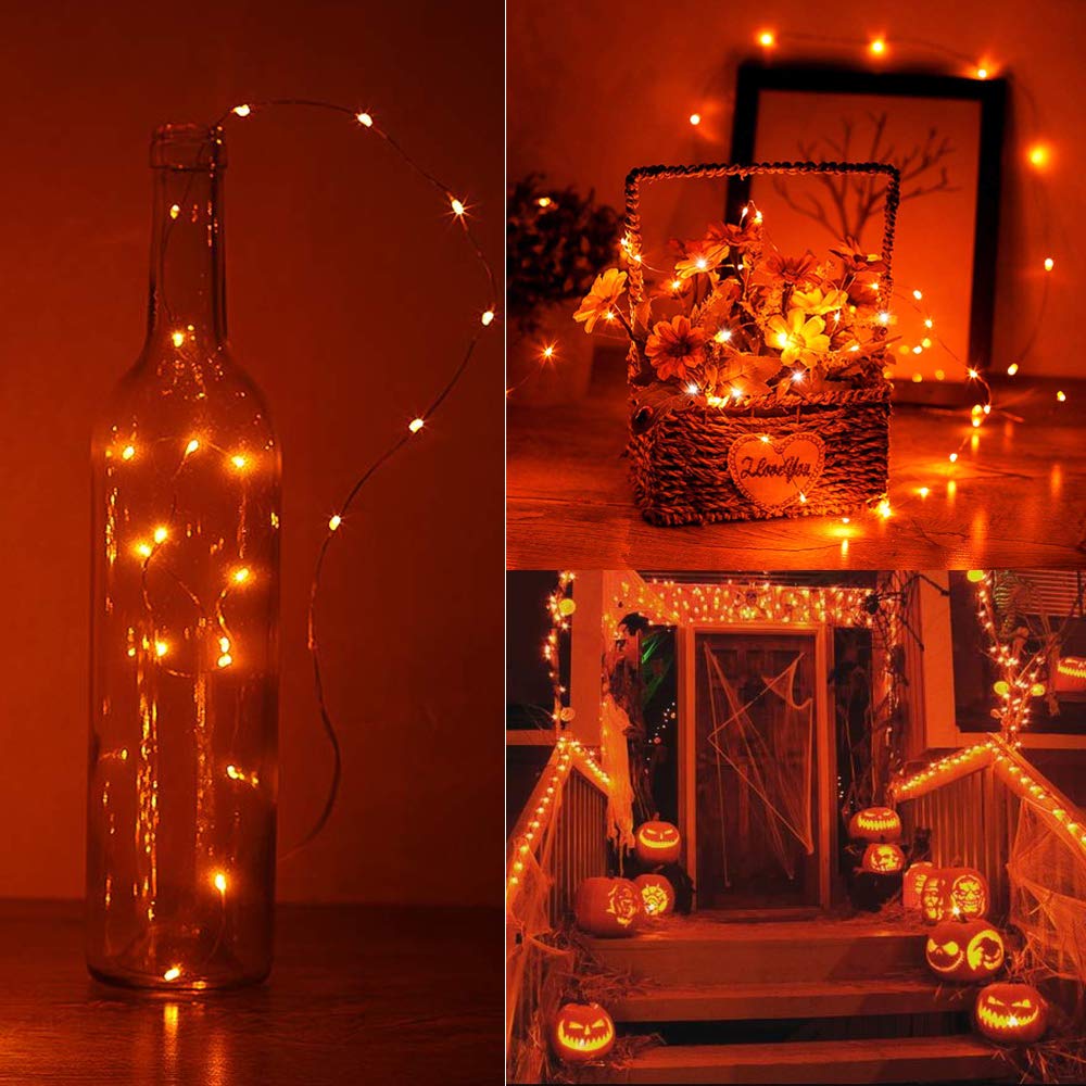 LYHOPE Orange Halloween Lights - 2 Pack 33ft 100 LED Battery Operated String Lights with Remote, Waterproof 8 Modes Copper Wire for Halloween Party, Carnival, Holiday Decorations - Perfect for Indoor/Outdoor Home, Yard, and Event Decor