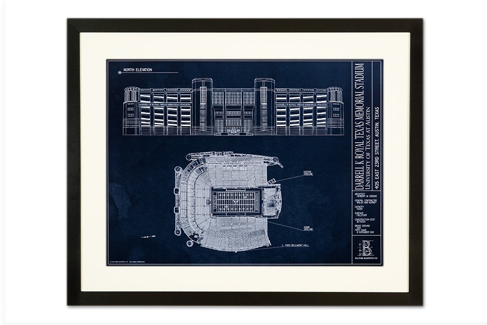 Darrell K Royal Texas Memorial Stadium Blueprint Style Wall Art Print - Vintage Football Stadium Decor for Sports Fans & Man Cave