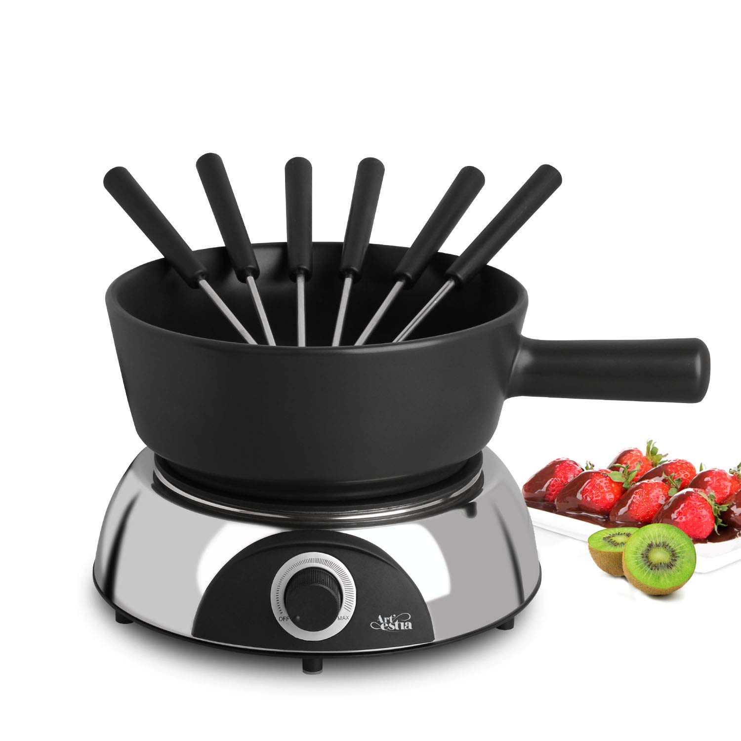 Artestia 2-Quart Electric Fondue Pot Set - 1500W Ceramic Chocolate & Cheese Melting Pot with Adjustable Temperature - Includes 6 Fondue Forks & Glossy Black Ceramic Pot - Perfect for Parties, Romantic Dinners & Family Gatherings
