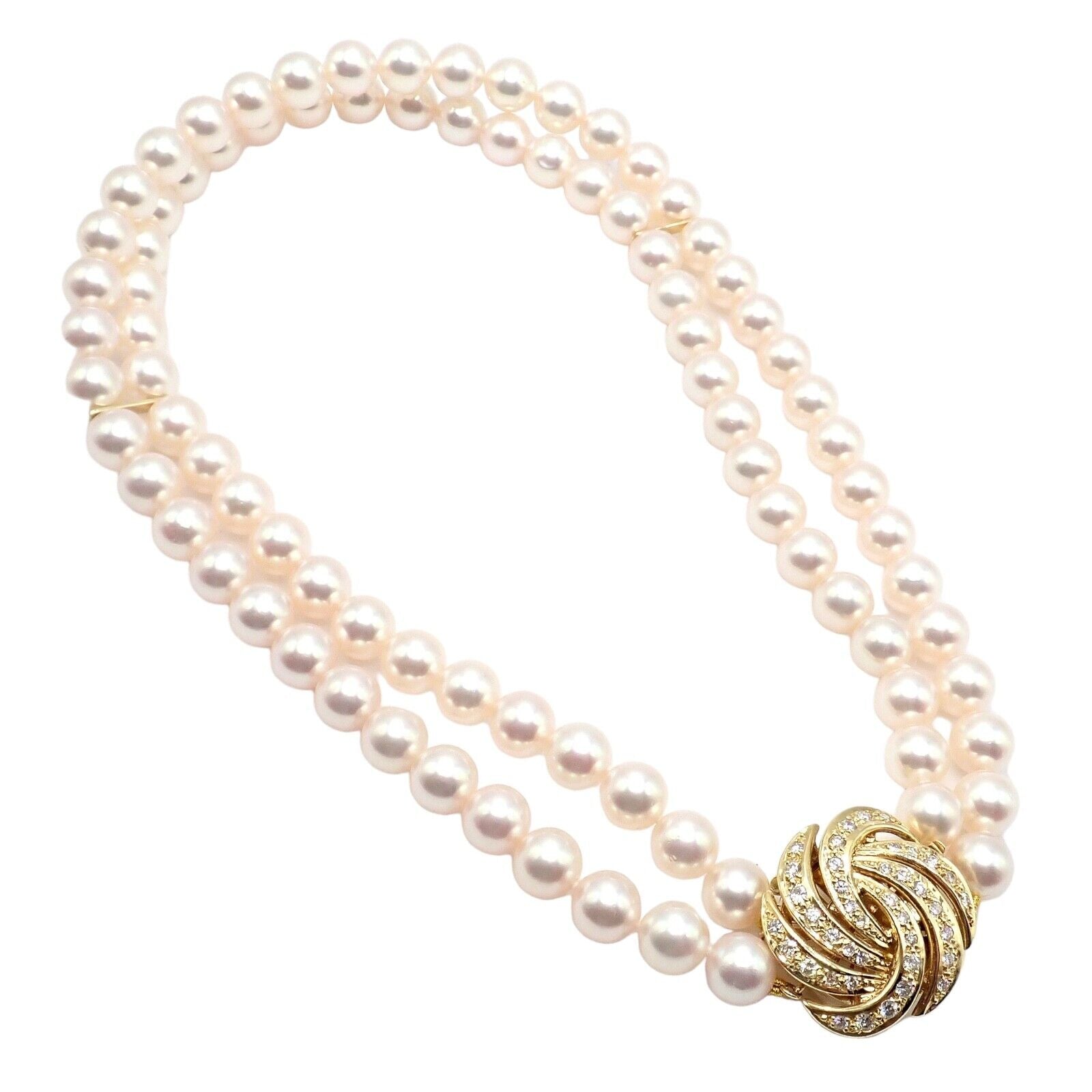 Authentic Mikimoto 18k Yellow Gold Diamond Double Strand 8mm Pearl Necklace - Elegant Jewelry for Weddings, Anniversaries & Special Occasions