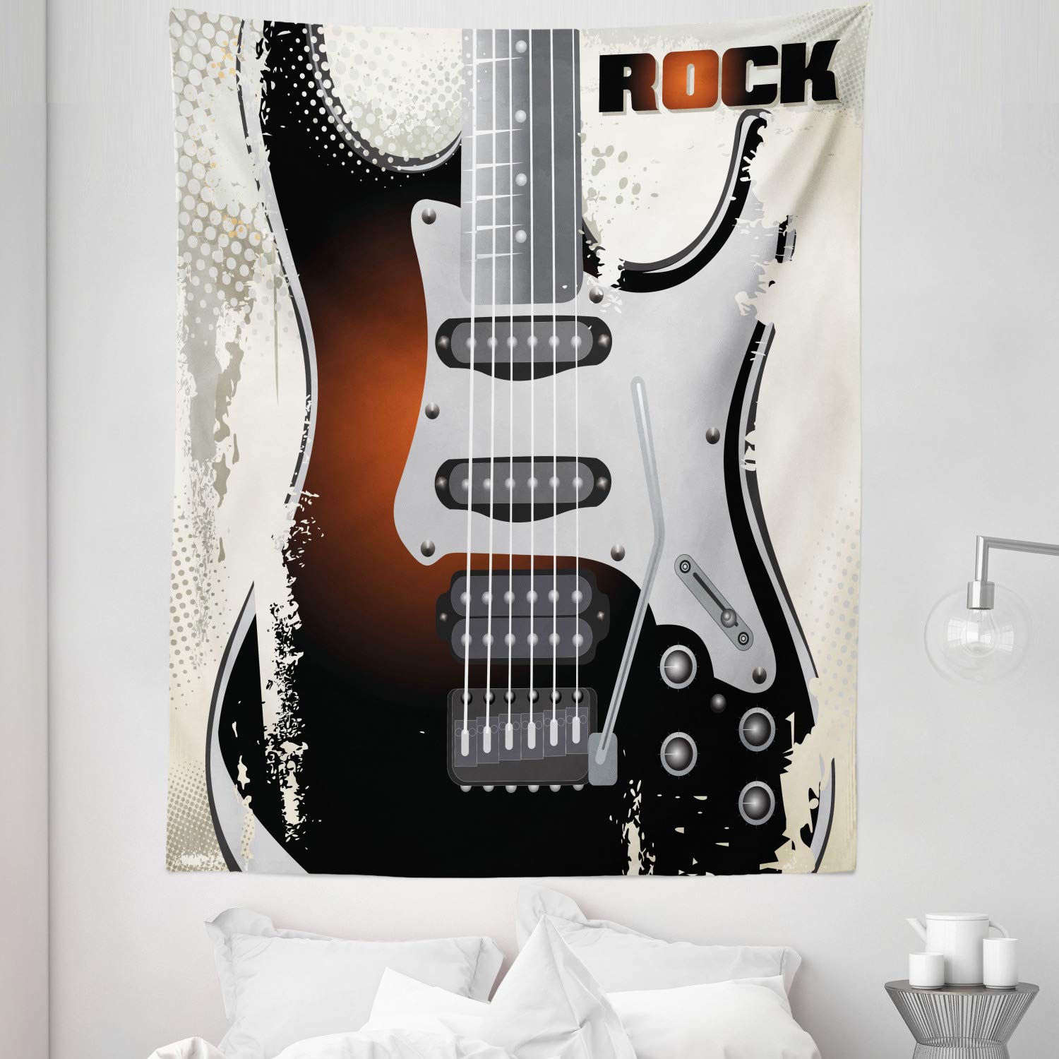Ambesonne Rock Music Tapestry - Twin Size Guitar Pattern Wall Hanging with Retro Halftone Abstract Design, Multicolor Bedspread & Wall Decor (68x88 inches) - Perfect for Bedroom, Dorm Room, or Music Studio Decor