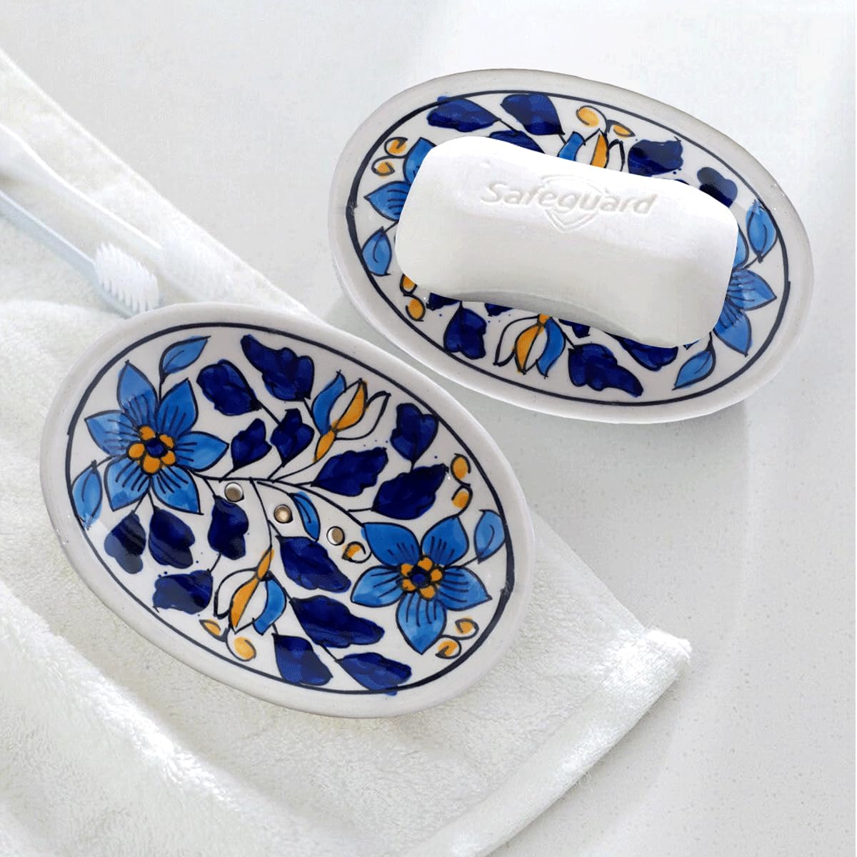Hand Painted Floral Ceramic Soap Dish Tray - Elegant Soap Holder for Bathroom, Kitchen & Office Decor - Blue Ceramic Soap Case with Drainage - Perfect for Spa, Guest Bathrooms and Vanity Organization