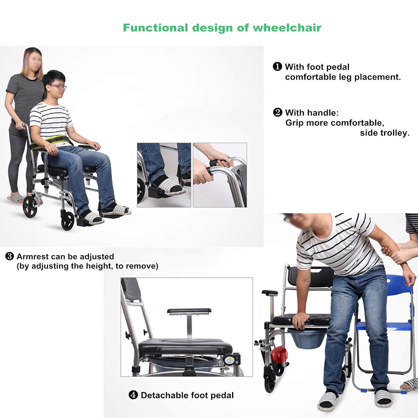 4 in 1 Adjustable Height Bedside Commode Wheelchair with Padded Seat & Detachable Bucket - Portable Toilet Shower Chair for Elderly & Disabled - Ideal for Home Care, Hospital Use & Bathroom Safety (B-Style)