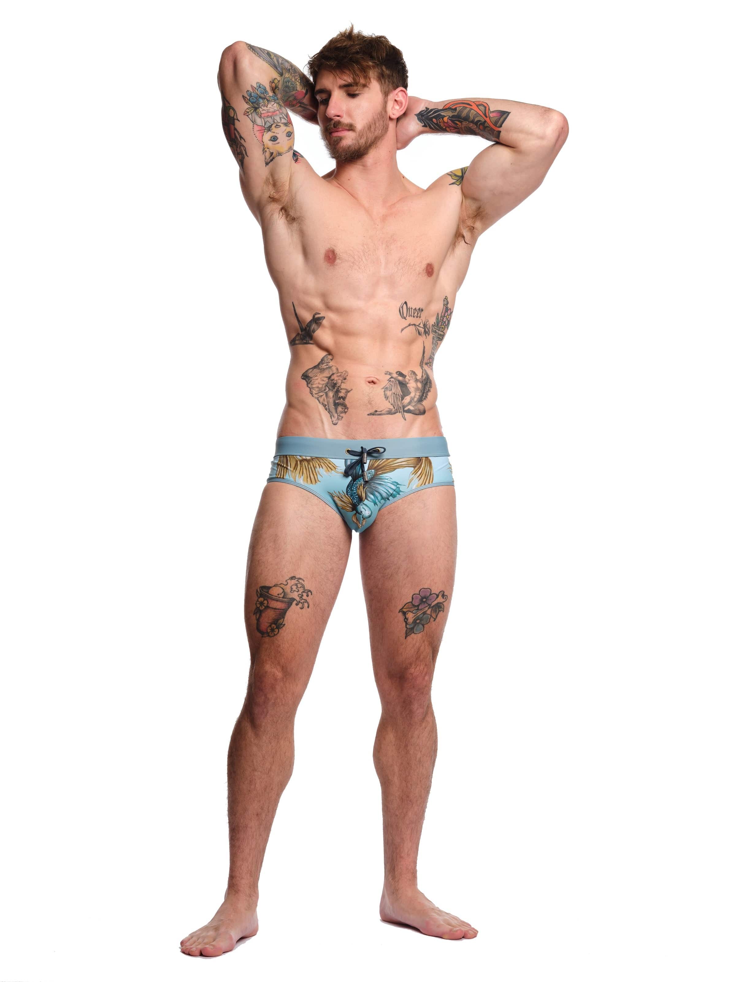 Premium Blue Swim Briefs for Men - Comfortable & Stylish Fighting Fish Design - Perfect for Swimming, Beach & Pool Activities