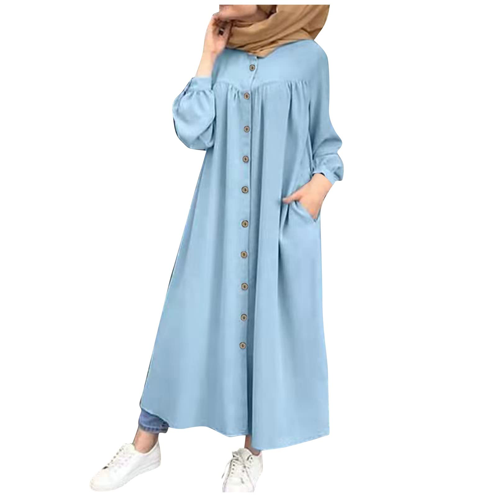 HAOREEKZ Women's Casual Loose Long Sleeve Button Down Shirt Dress with Pockets - Solid Color Maxi Dress for Everyday Wear, Office, and Spring/Summer Outfits