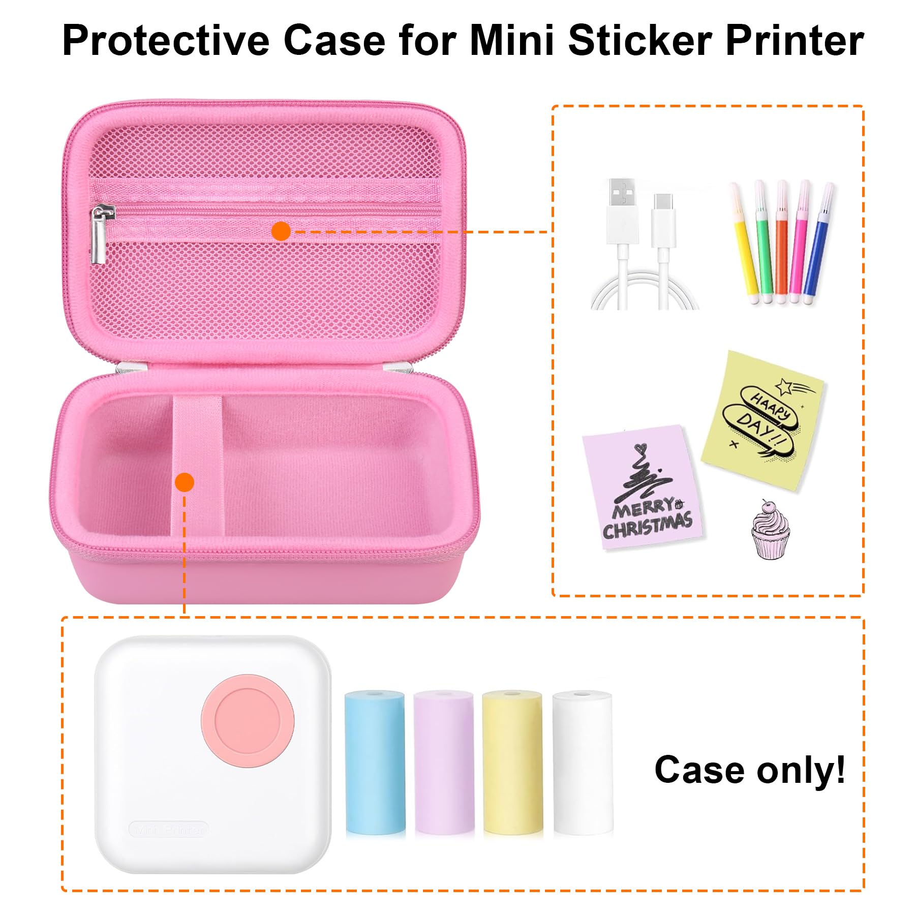 Hard Travel Carrying Case for Moremore Mini Sticker Printer & Printpods Mini Bluetooth Inkless Printer - Durable Protective Bag with Extra Storage for Thermal Label Maker Rolls & USB Cable (Deep Pink) - Perfect for Travel, Office & Craft Organization
