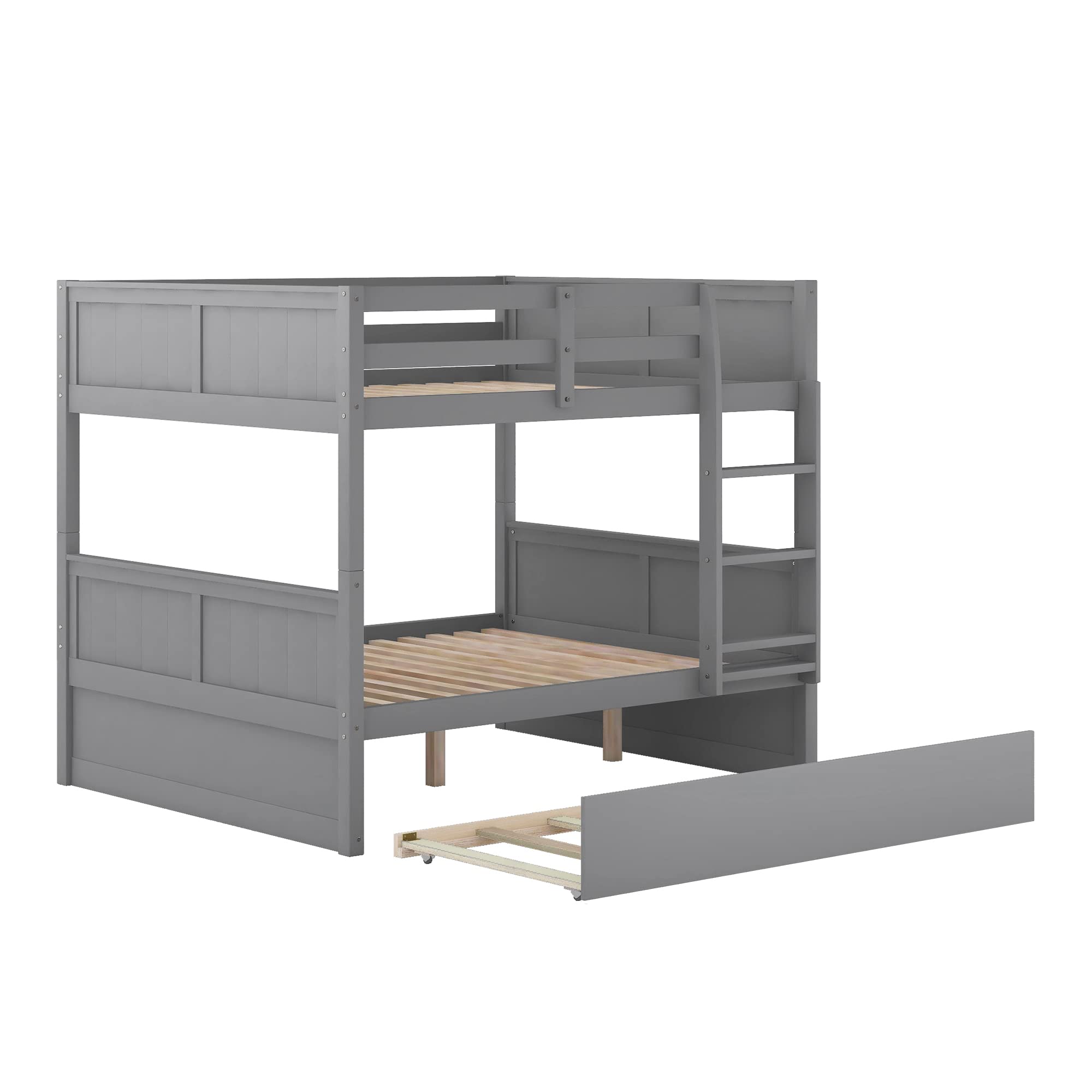 P PURLOVE Full Over Full Bunk Bed with Twin Trundle - Sturdy Wood Bunk Bed Frame with Ladder & Safety Rails - Space-Saving Bunk Beds for Teens & Kids - No Box Spring Required (Gray) - Perfect for Small Bedrooms, Guest Rooms & Vacation Homes