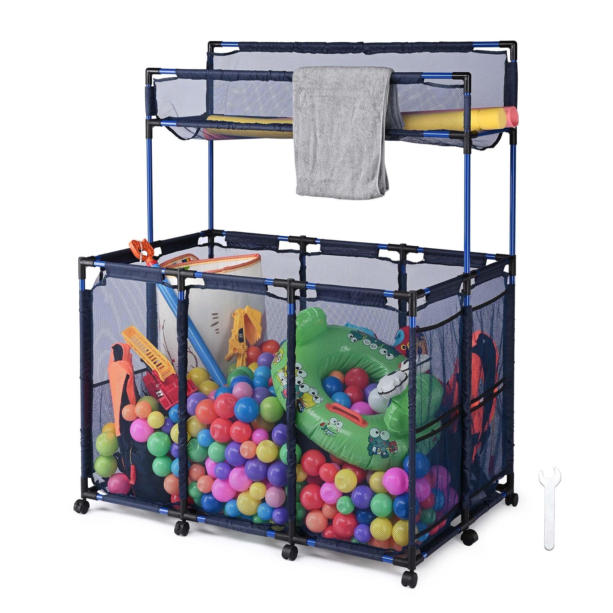 Yescom XX-Large 10-Wheel Rolling Pool Storage Bin - Double Decker Mesh Organizer with Noodle Holder | Heavy-Duty Metal Frame & Upgraded Connectors | 49