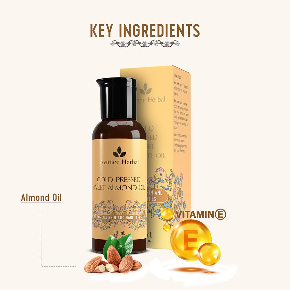 Avimee Herbal Keshpallav Almond Oil - 100% Pure Cold Pressed Hair Oil for Split Ends & Hair Growth | Vitamin E Enriched | Mineral Oil Free | 50ml | Perfect for Daily Hair Care & Scalp Massage