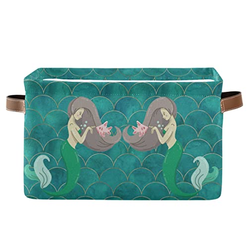 Collapsible Rectangular Storage Basket with Leather Handles - Mermaid Pattern Foldable Storage Bin for Home Organization, Closet Shelves & Bathroom - Perfect for Toys, Blankets, Books & Laundry Storage