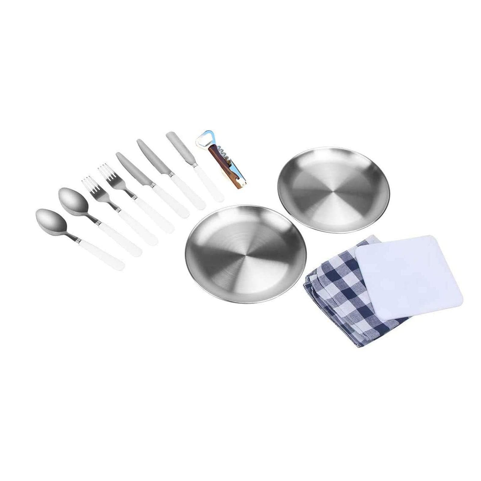**4-Person Camping Kitchen Utensil Set - 24pcs Stainless Steel Dinnerware with Plates, Spoons, Knives, Forks & Wine Opener | Portable Cutlery Organizer for Outdoor Picnics, Hiking & Backpacking Trips**