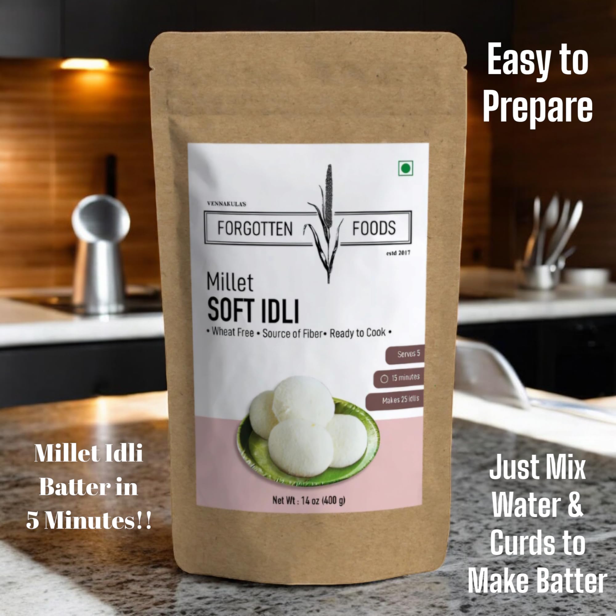 FORGOTTEN Foods Millet Soft Idli Mix - Instant Ready-to-Cook Idly Batter Breakfast Premix | Kodo Millets (Kodri, Varagu, Arikelu) | Gluten-Free, High Fiber, No Artificial Flavors | 400g Pack Makes 25 Idlis | Perfect for Quick Breakfast, Healthy Snacks & Vegan Meals