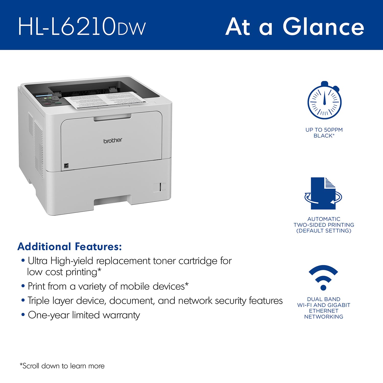 Brother HL-L6210DW Wireless Monochrome Laser Printer for Office | High-Speed Duplex Printing, Large 500-Sheet Paper Capacity | Ideal for Small Business & Home Office Document Printing
