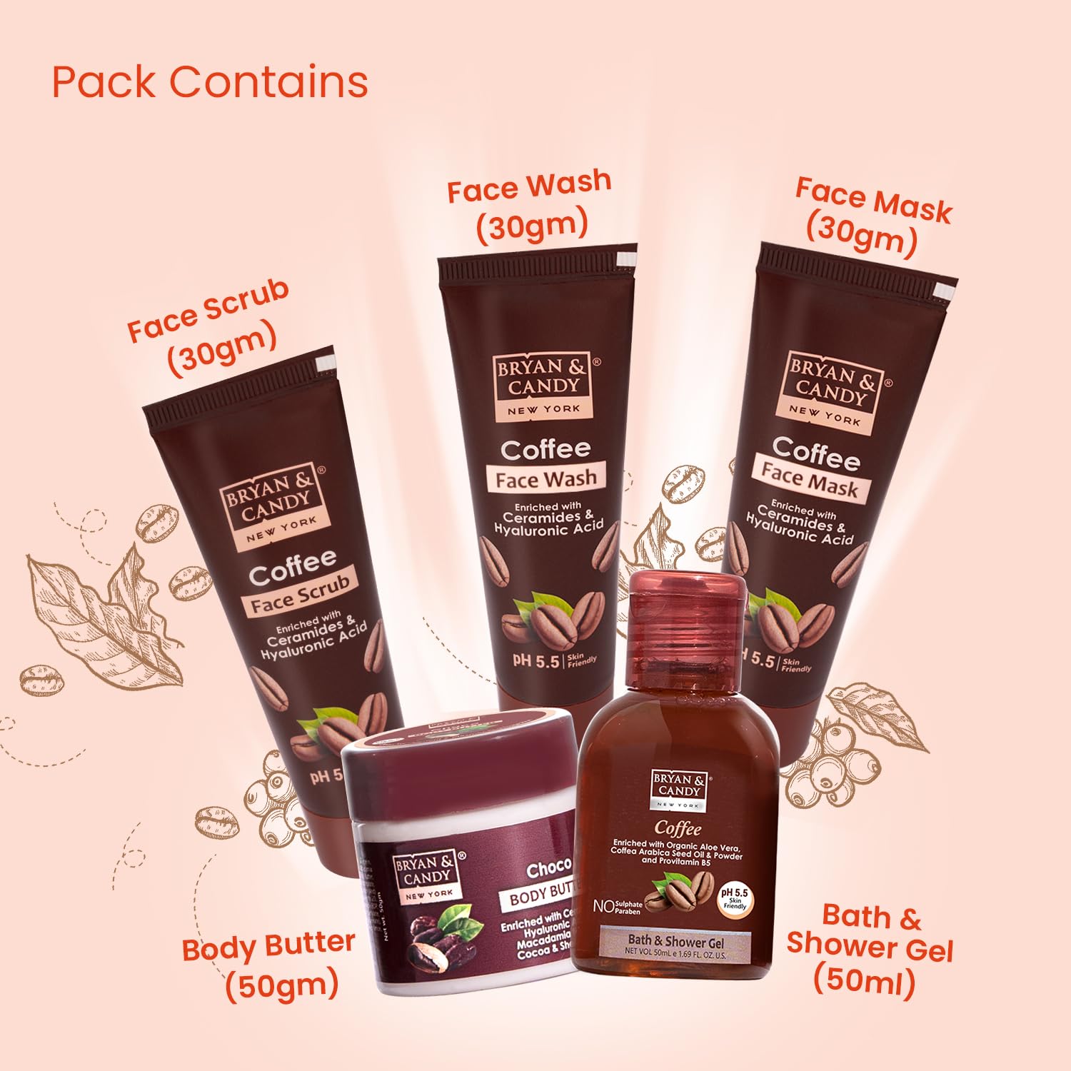 Bryan & Candy Coffee Bath Kit - Vegan & pH 5.5 Balanced Gift Set for Women & Men | Includes Choco Body Butter, Face Wash, Scrub, Mask & Shower Gel | SLS & Paraben-Free Skincare | Perfect for Spa Day, Birthday & Anniversary Gifts