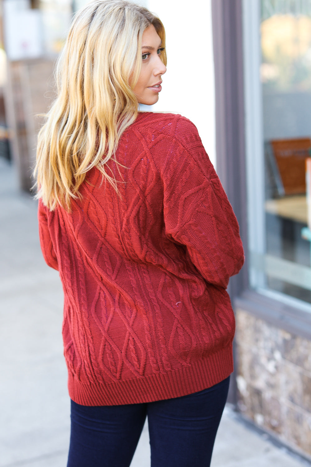 Fall Vibes Rust Cable Knit Lace-Up V-Neck Sweater for Women | Cozy Autumn Pullover | Perfect for Pumpkin Patch, Thanksgiving & Date Nights