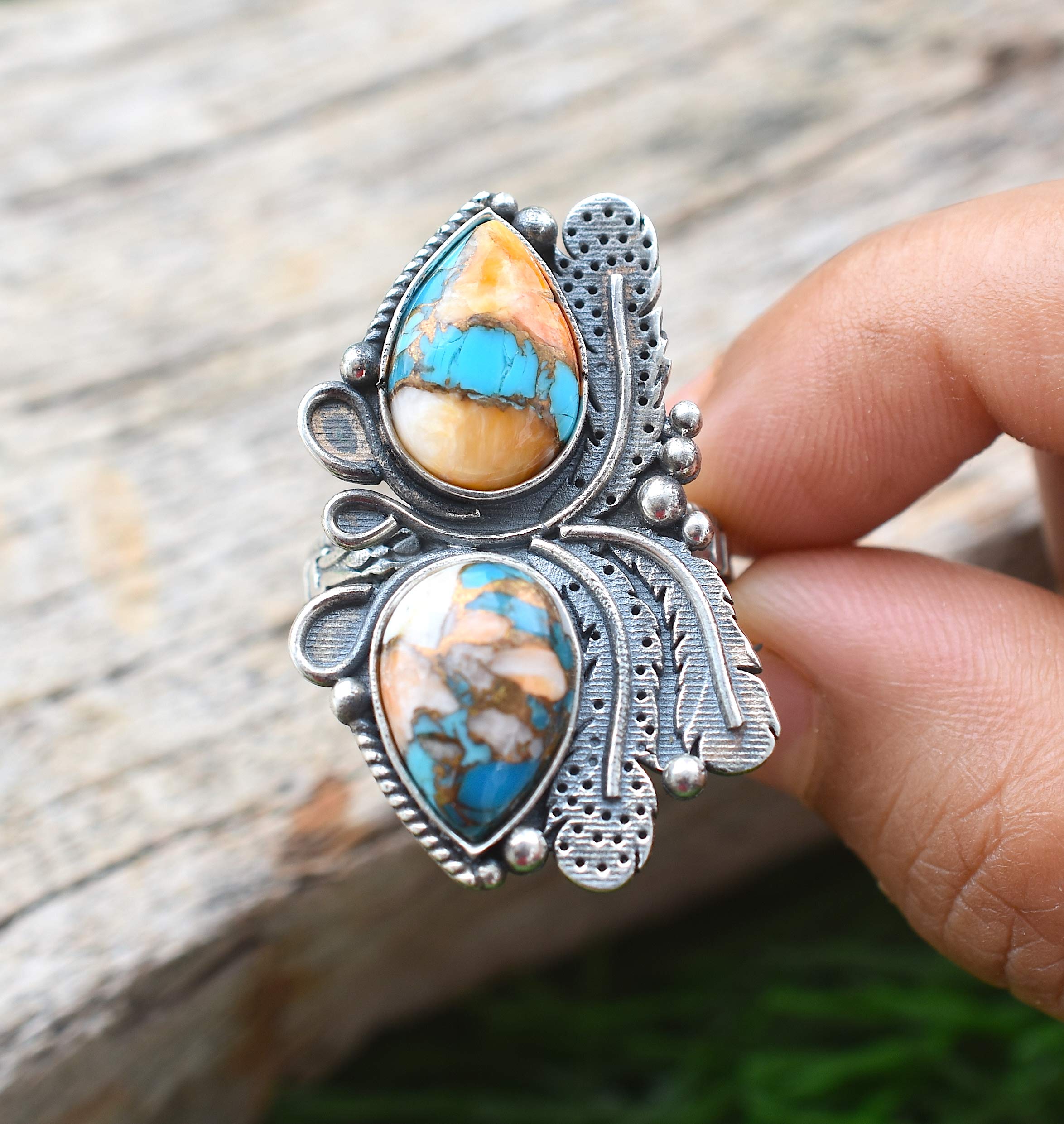 Vintage Handmade 925 Sterling Silver Oyster Copper Turquoise Ring - Boho Hippie Jewelry, Spiny Turquoise Birthstone Ring for Women - Perfect Birthday Gift, Wedding, Party & Everyday Wear - TQ-05