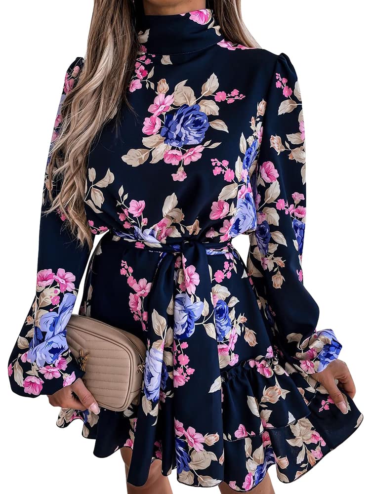 NANKEYSTAR Women's Floral Print Ruffle Mock Neck Long Sleeve Flowy Mini Dress with Belt - Elegant Spring Summer Casual Dress for Date Night, Party & Vacation