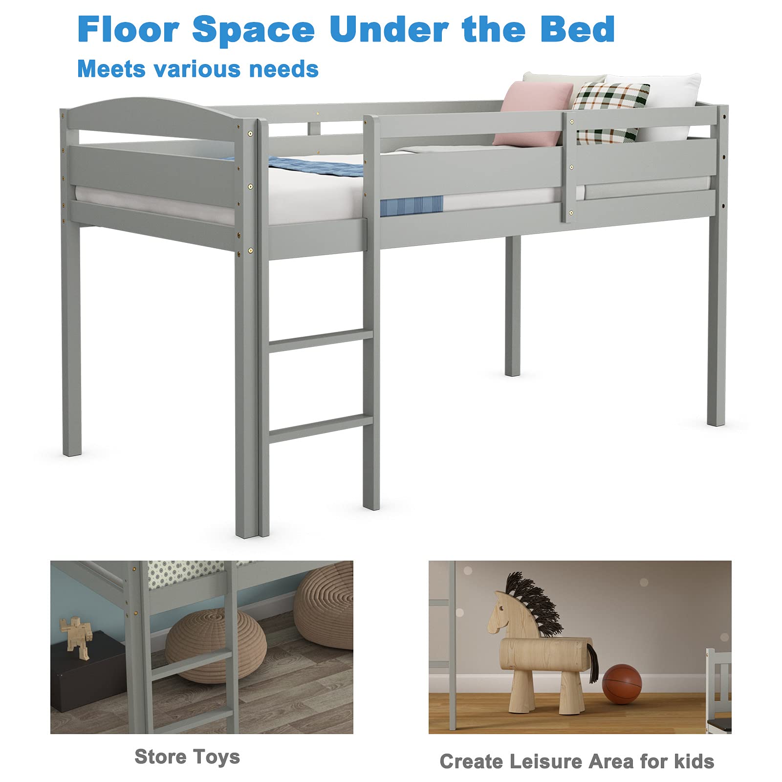 Costzon Twin Loft Bed with Storage - Solid Wood Low Bunk Bed with Guard Rail & Ladder for Kids - Space-Saving Bedroom Furniture for Boys & Girls - No Box Spring Needed - Classic Gray Children's Loft Bed - Perfect for Small Rooms, Dormitories & Shared Kids' Bedrooms