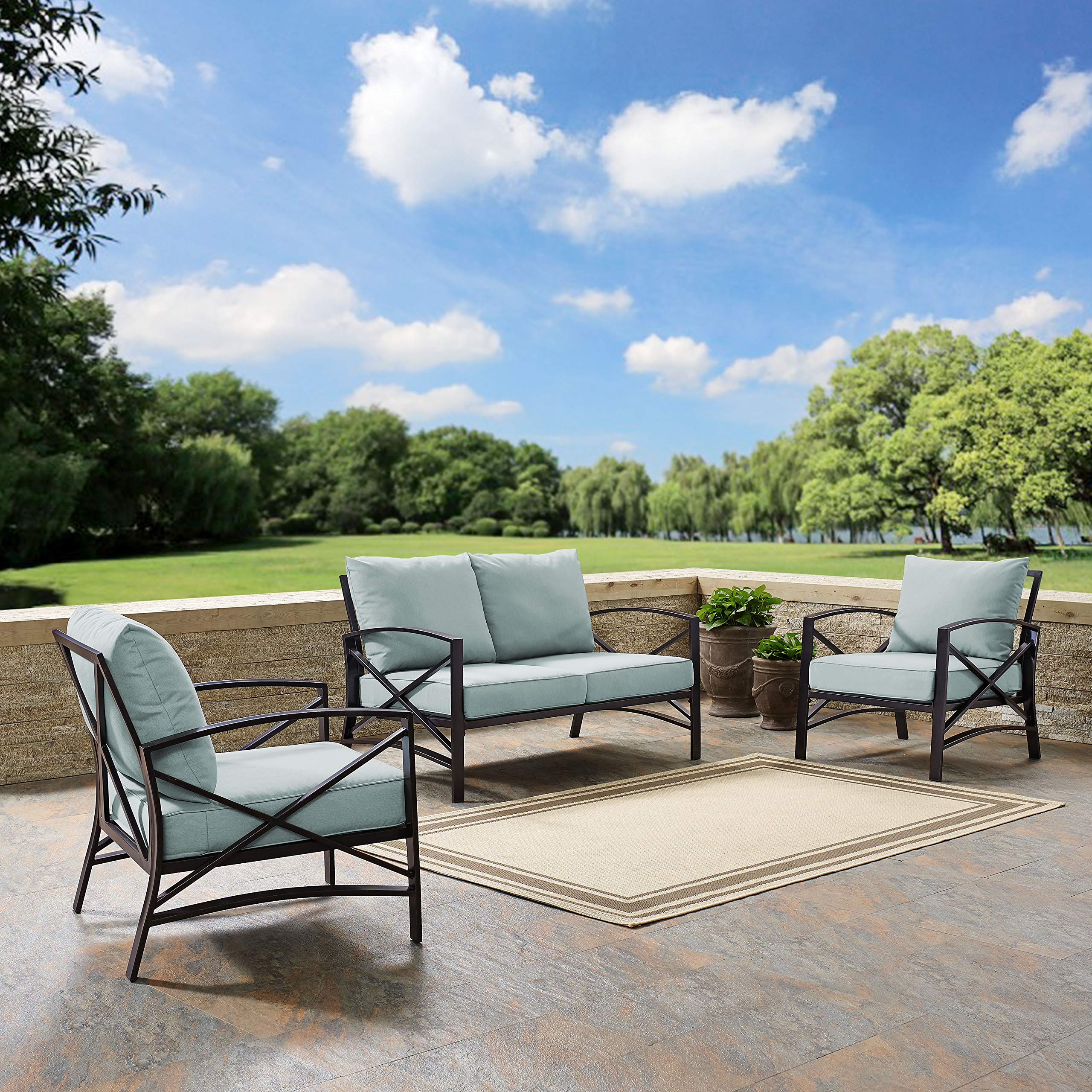 Crosley Furniture Kaplan 3-Piece Outdoor Loveseat Patio Set - Oiled Bronze Frame with Mist Cushions - Perfect for Porch, Deck, Garden & Backyard Relaxation