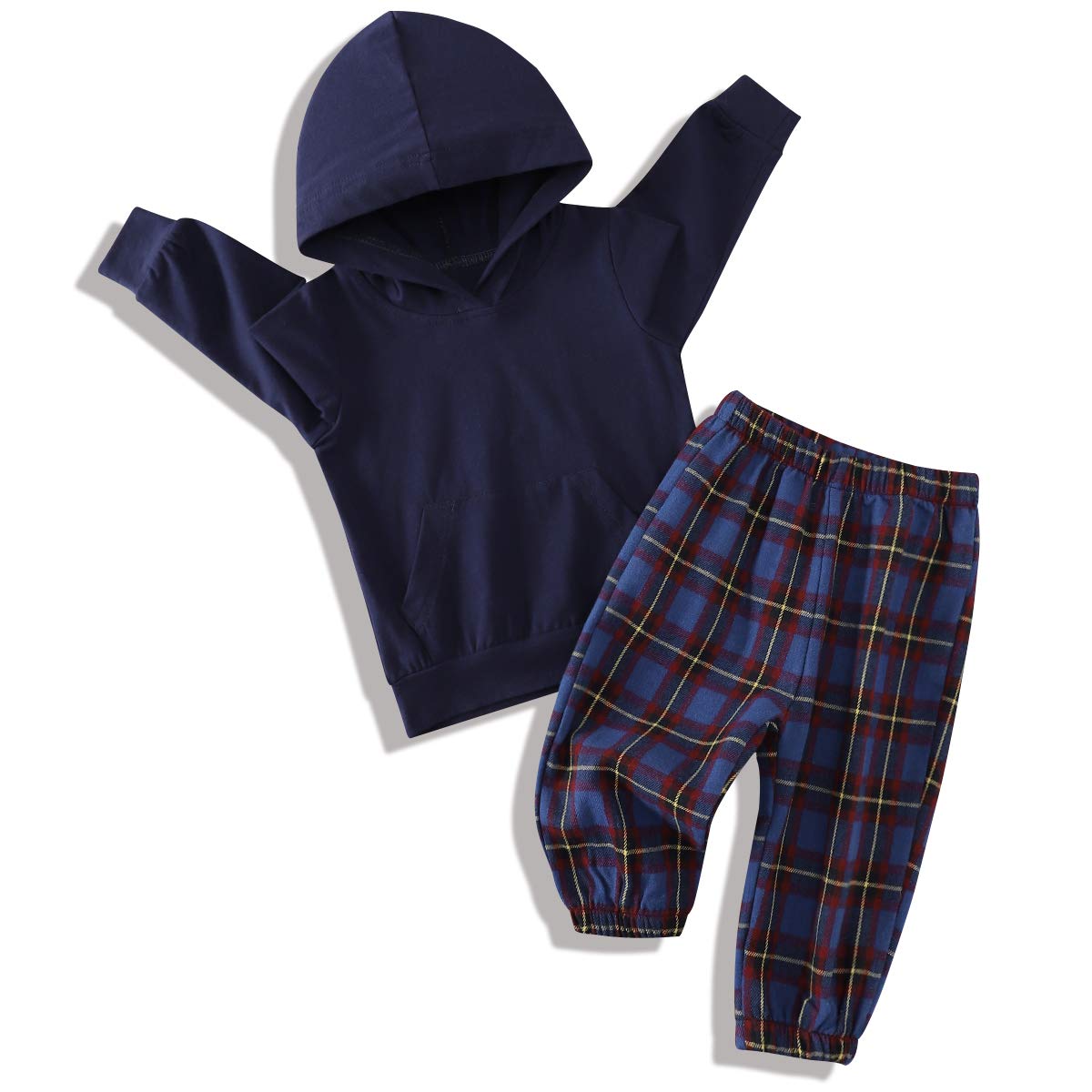 Adorable Winter Outfits for Toddler Boys & Girls - Solid Color Hoodie & Plaid Pants Set | Cozy Infant Clothes for Cold Weather Playdates & Family Photos