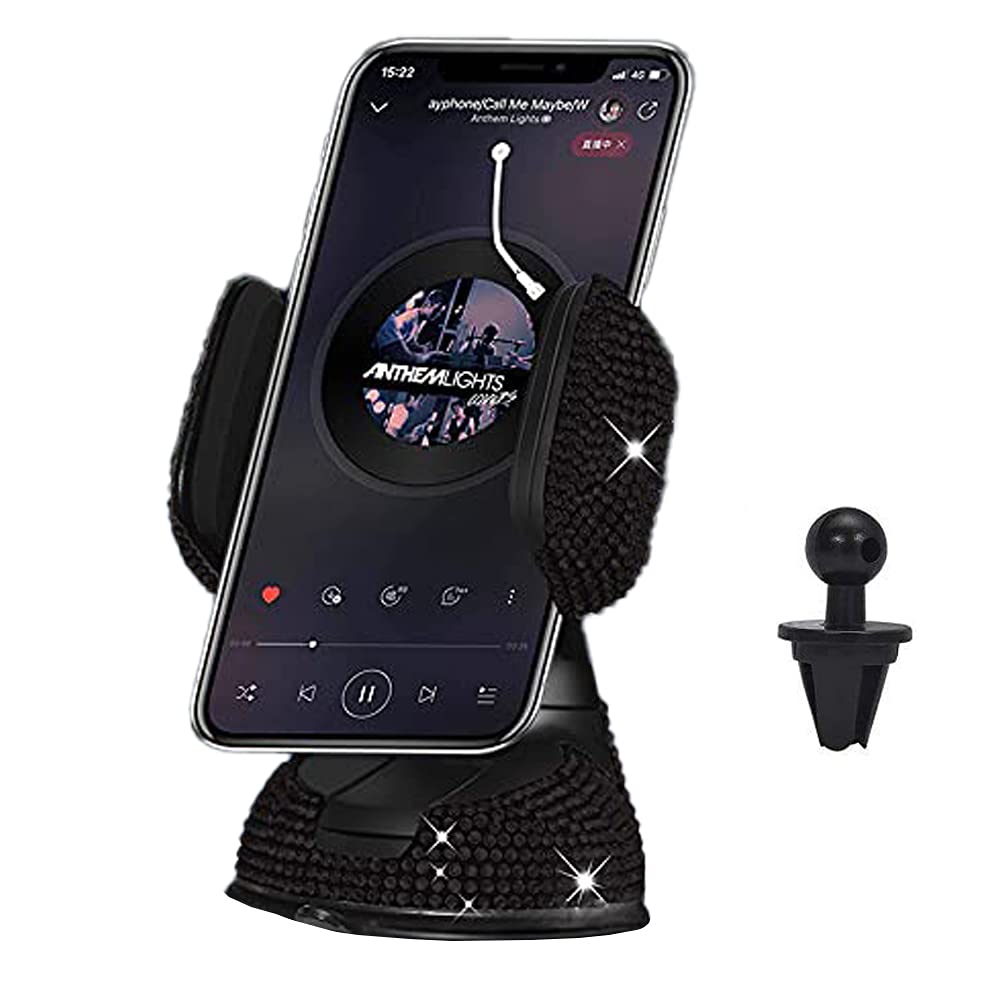 LYCARESUN 360° Adjustable & Stable Crystal Car Phone Holder - Universal Windshield Dashboard Air Vent Mount, Mini Car Accessories for Women and Girls (Black) - Perfect for Road Trips, Commuting, and GPS Navigation