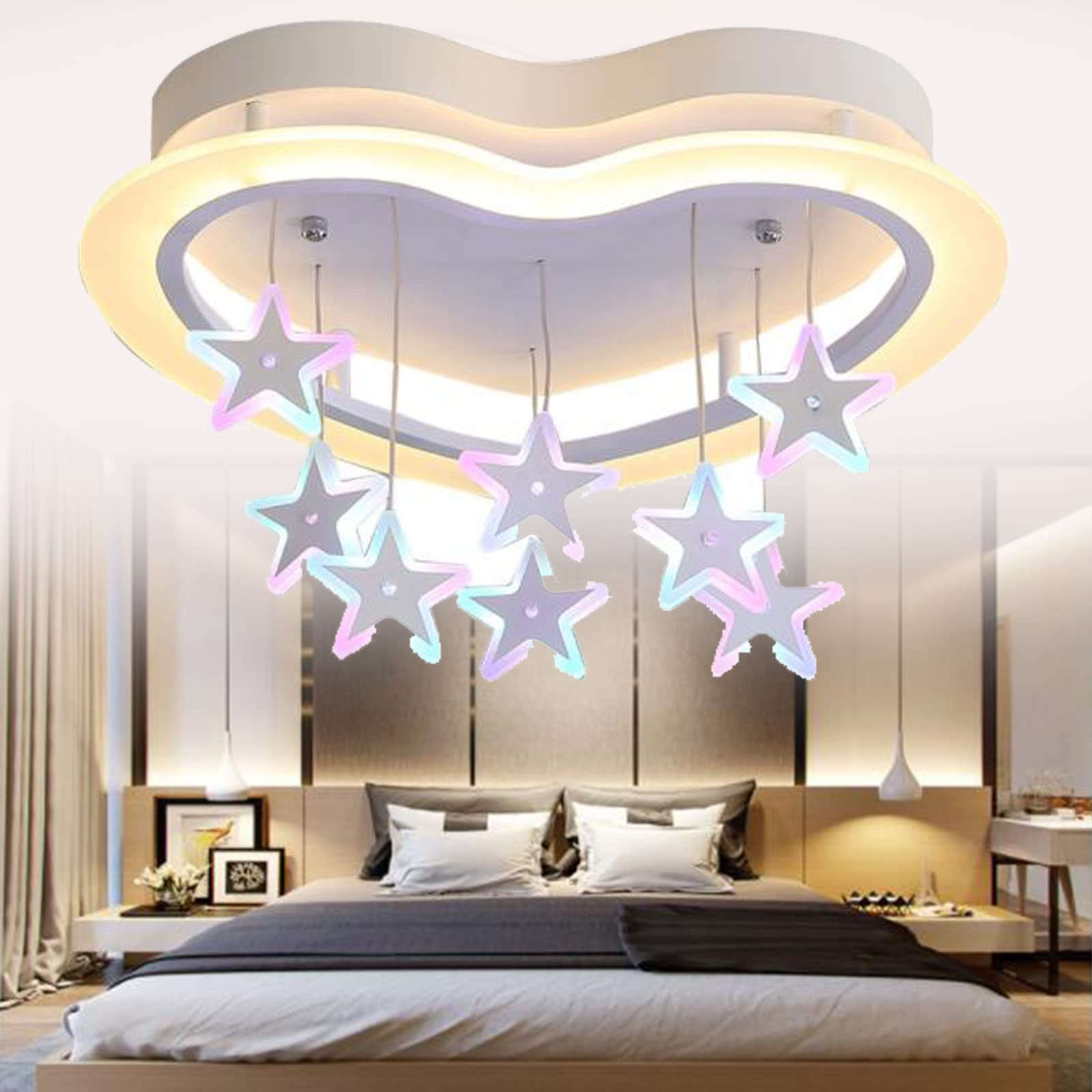 Cartoon Heart-Shaped LED Ceiling Light - Colorful Star Pendant Chandelier with Acrylic Lampshade for Kids Bedroom & Nursery Decor - Large White Light for Birthday, Christmas Gift & Room Lighting