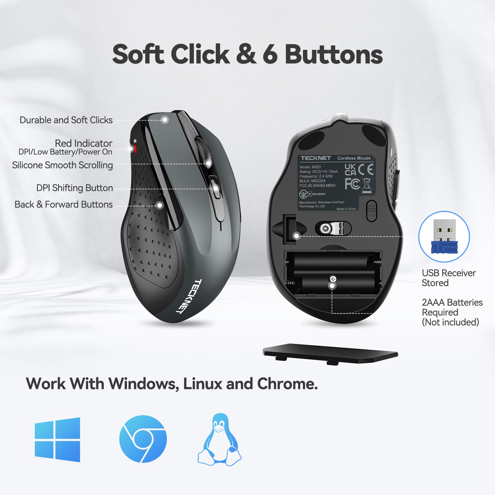 TECKNET Wireless Ergonomic Mouse - 2.4G Optical Computer Mouse for Laptop, PC, Chromebook, Notebook - 6 Buttons, 2600 DPI, 5 Adjustable Levels, 24-Month Battery Life - Ideal for Office, Home, and Gaming Use