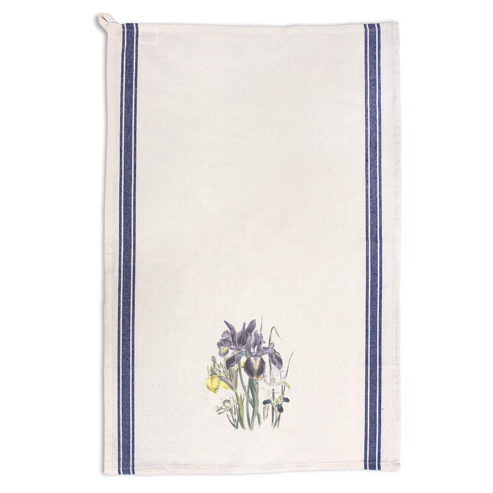 Vintage Floral Custom Kitchen Towels - Iris & Botanical Design Dish Towels for Cleaning, Blue Stripe Cotton Kitchen Linens | Perfect for Farmhouse Decor, Dish Drying & Gift Giving