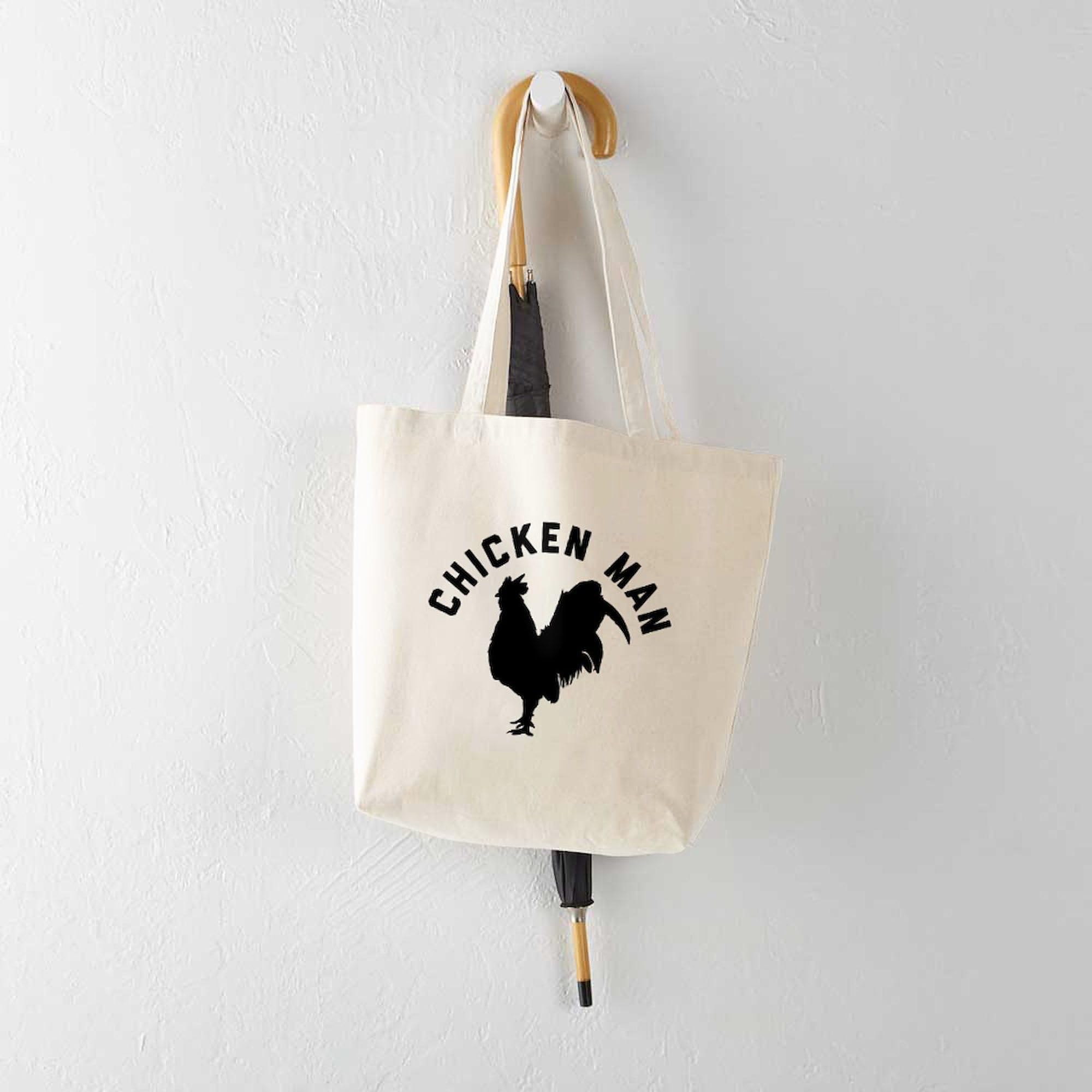 Chicken Man Tote Bag - Natural Canvas Reusable Grocery Shopping Bag for Men & Women | Eco-Friendly Grocery Tote for Farmers Market, Beach, Work & Daily Use