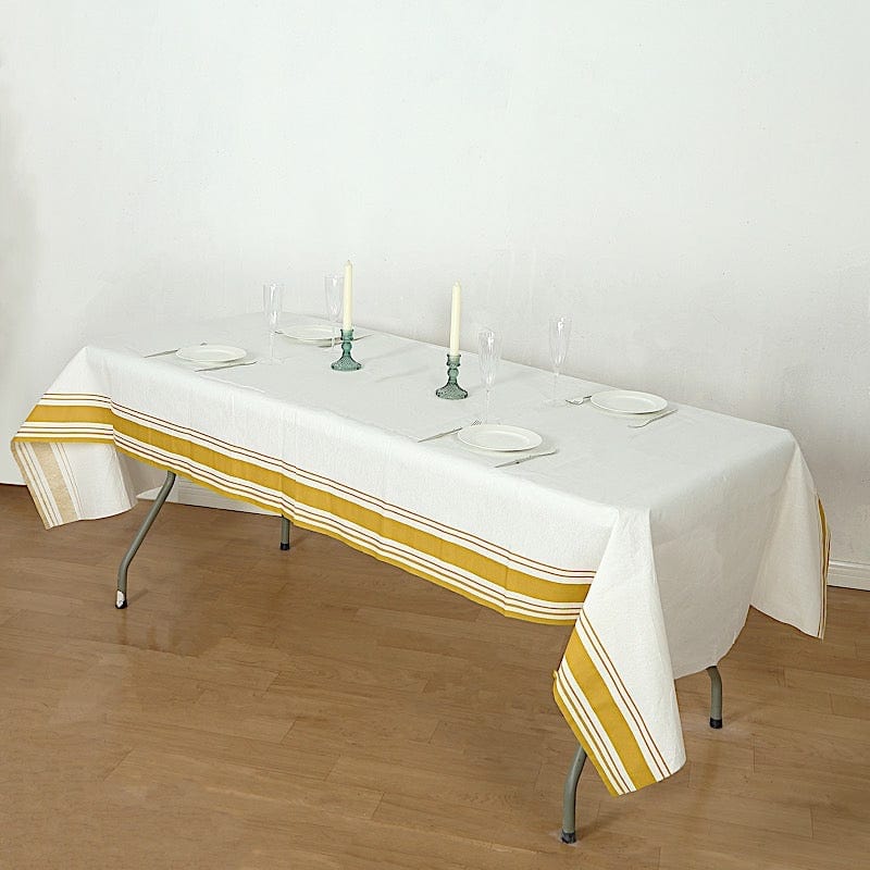 50-Pack Premium White Airlaid Paper Tablecloths with Elegant Gold Striped Border - 108