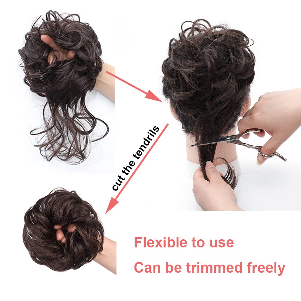 KETHBE Messy Bun Hair Piece - Tousled Updo Hair Extension, Elastic Hair Band & Scrunchie for Women (Dark Brown) - Perfect for Casual Outings, Weddings & Everyday Hairstyles