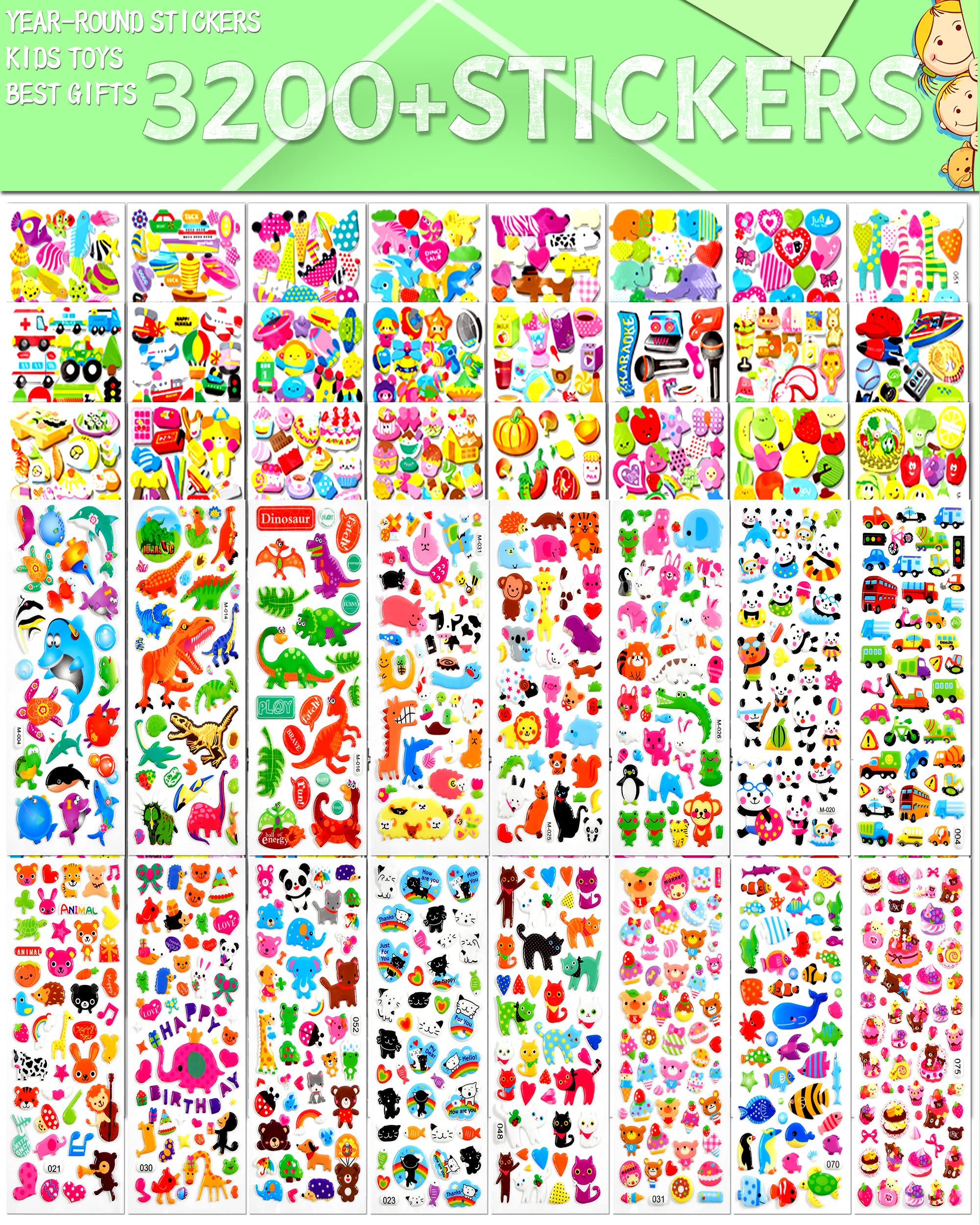 3D Puffy Stickers for Kids - 64 Sheets with 3200+ Stickers (Animals, Cars, Airplanes, Food, Letters, Flowers, Pets, Cakes) - Perfect for Scrapbooking, DIY Crafts, School Projects & Gift Decorations