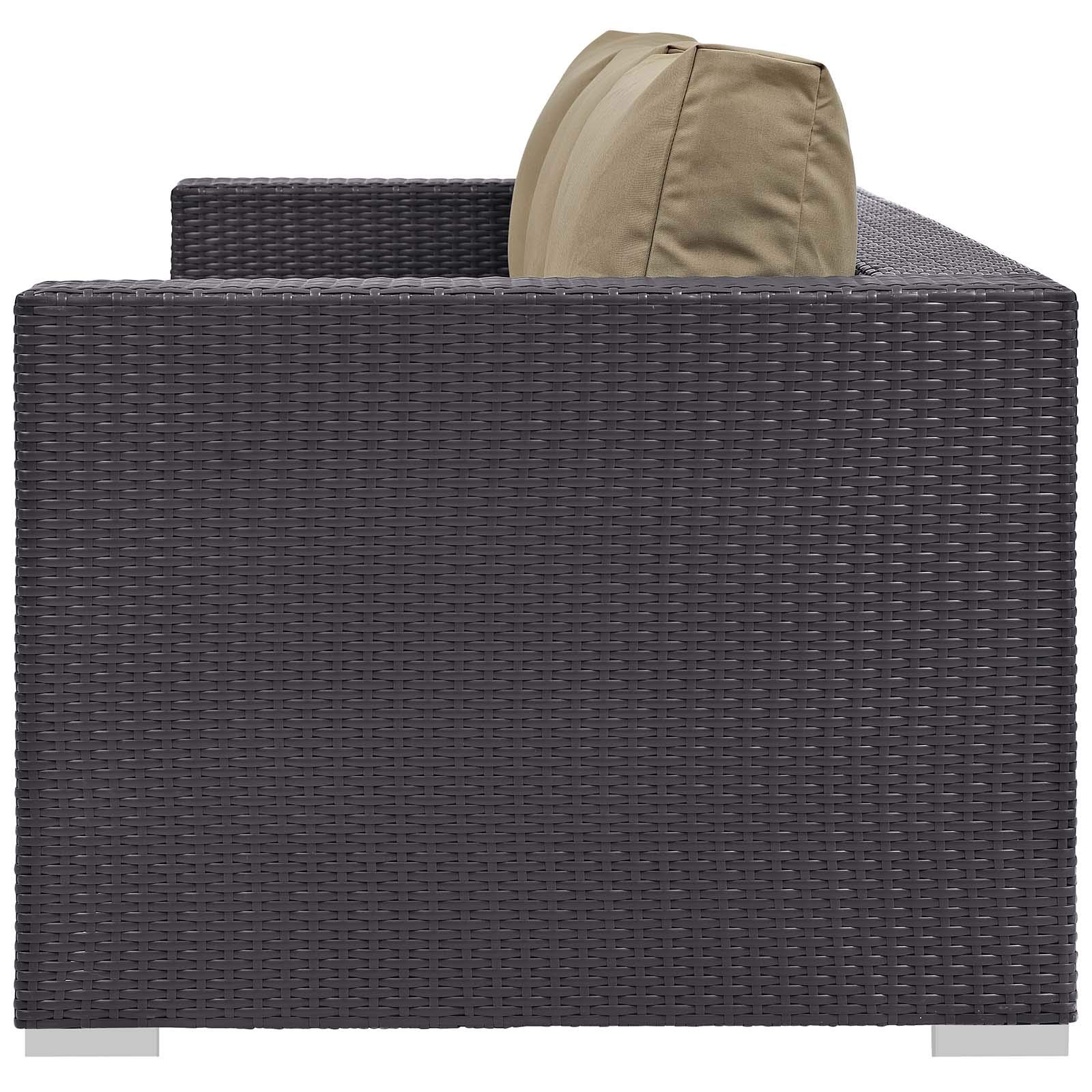 Modern Outdoor Patio Furniture Set - 3-Piece Wicker Sofa, Chair & Coffee Table with Fire Pit - Light Brown Rattan Fabric - Perfect for Backyard, Garden or Poolside Relaxation