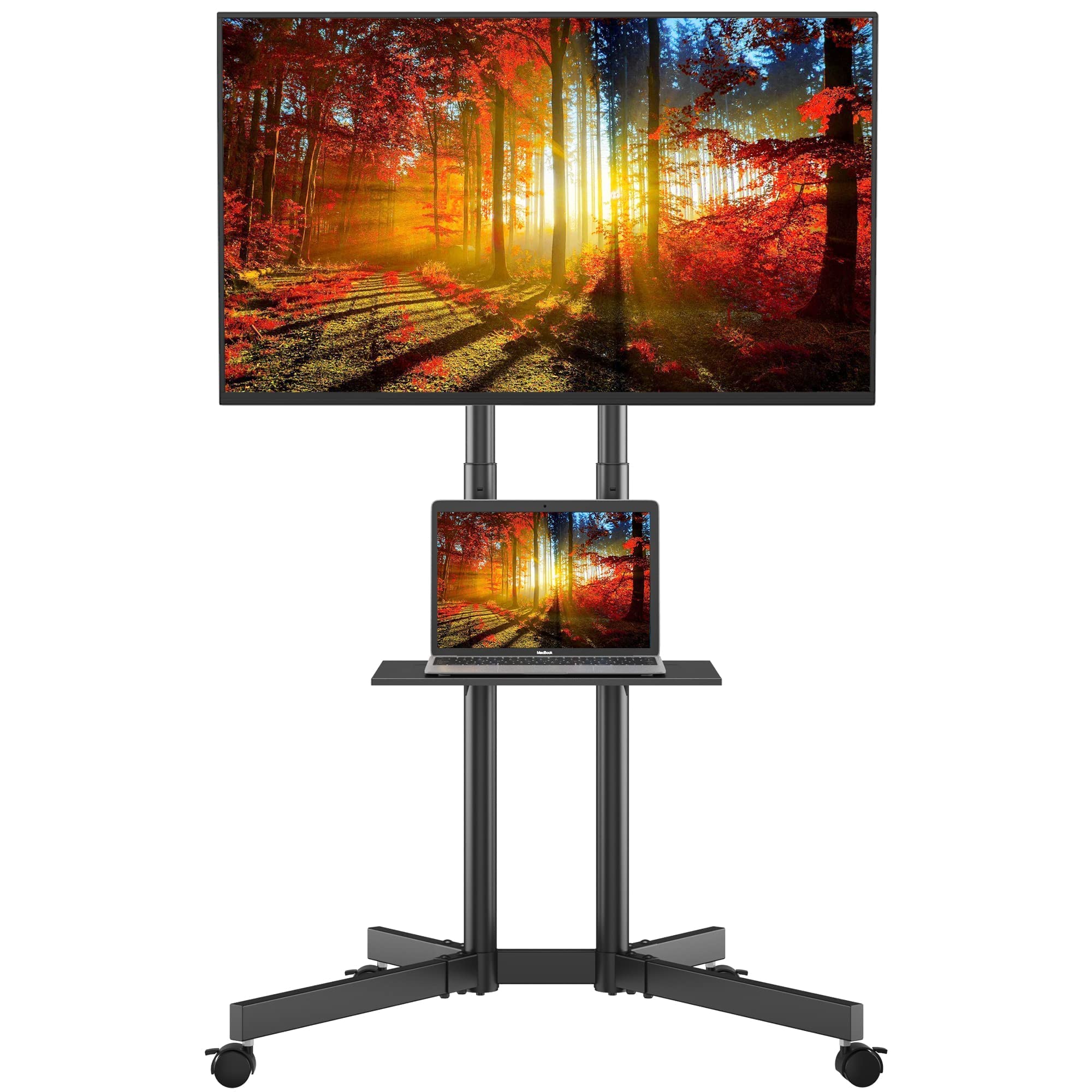 BONTEC Mobile TV Stand Cart with Locking Wheels - Adjustable Height TV Floor Stand for 32-85 Inch LED, LCD, OLED Flat & Curved Screens - Max VESA 600x400mm & 132lbs Capacity - Includes Laptop Shelf - Perfect for Living Room, Bedroom, Office & Classroom (Black)