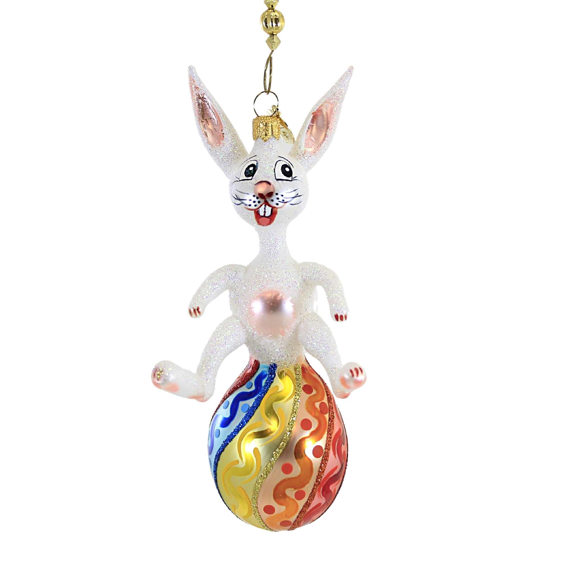 Morawski White Bunny on Decorated Glass Easter Egg Ornament - 6.25 Inch Handcrafted Hanging Decoration for Easter Tree, Spring Home Decor & Holiday Gift (Item #09867)