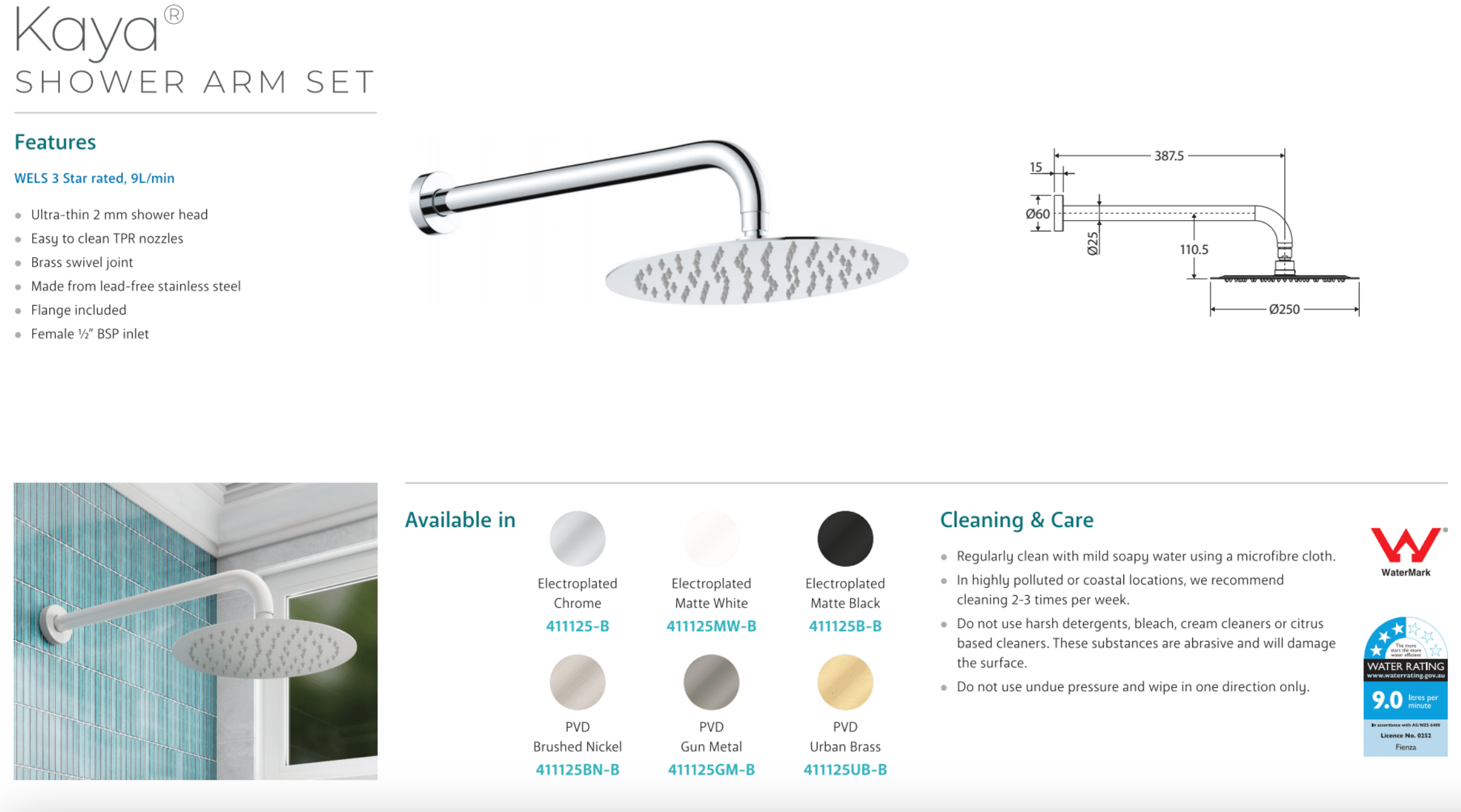Fienza 411125MW B Kaya Shower Arm Set in Matte White - Durable Bathroom Fixture for Modern & Luxury Showers