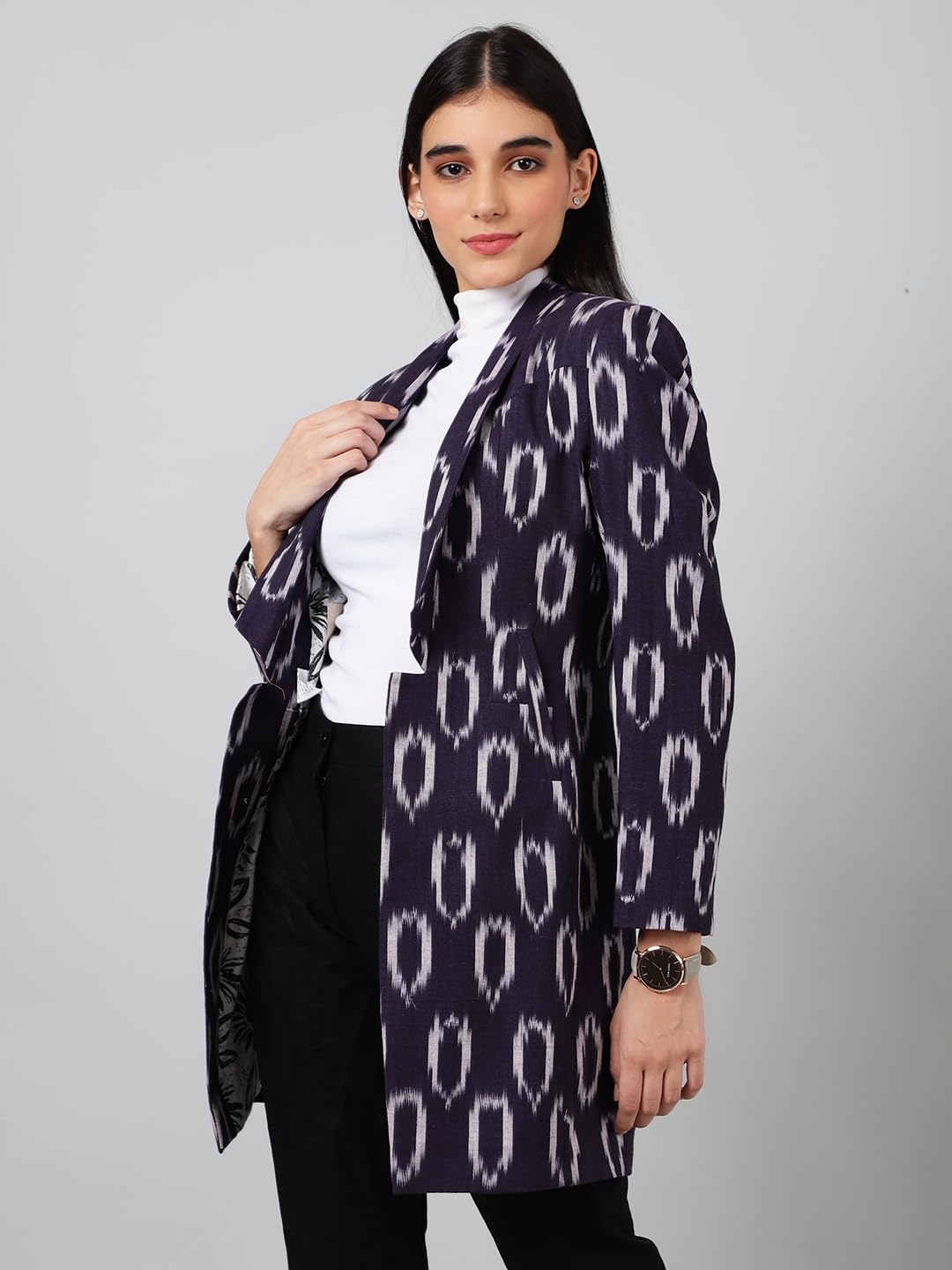 Women's Ikat Print Purple Cotton Blazer Jacket - Lightweight Office Wear & Spring Fashion for Business Casual Outfits