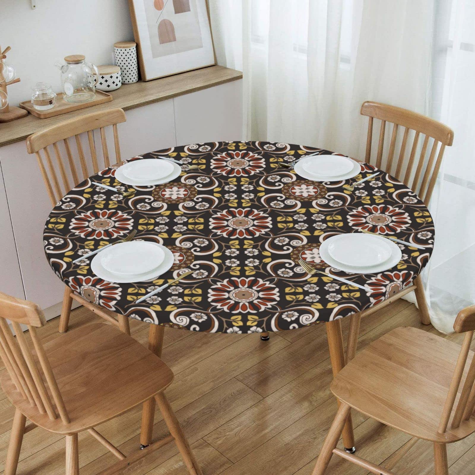 Floral Medallion Elastic Round Fitted Tablecloth - Waterproof & Wipeable Stretch Table Cover for 40