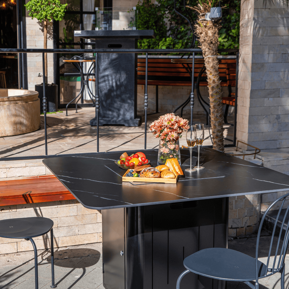Brugge Marble Porcelain Outdoor Dining Table with Fire Pit - Weatherproof Patio Furniture for Backyard, Garden, Poolside Dining & Entertaining