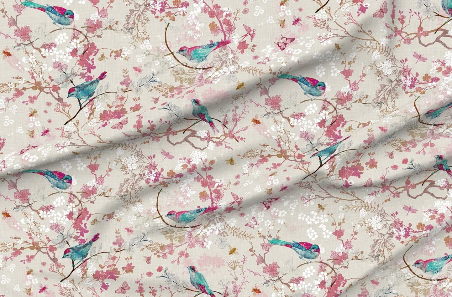 Birds Bees Rose Large Blossom Bird Garden Spring Bee Butterfly Printed Upholstery Velvet Fabric by The Yard - Home Decor, Apparel & DIY Projects (Perfect for Curtains, Pillows, Dresses & Crafting)