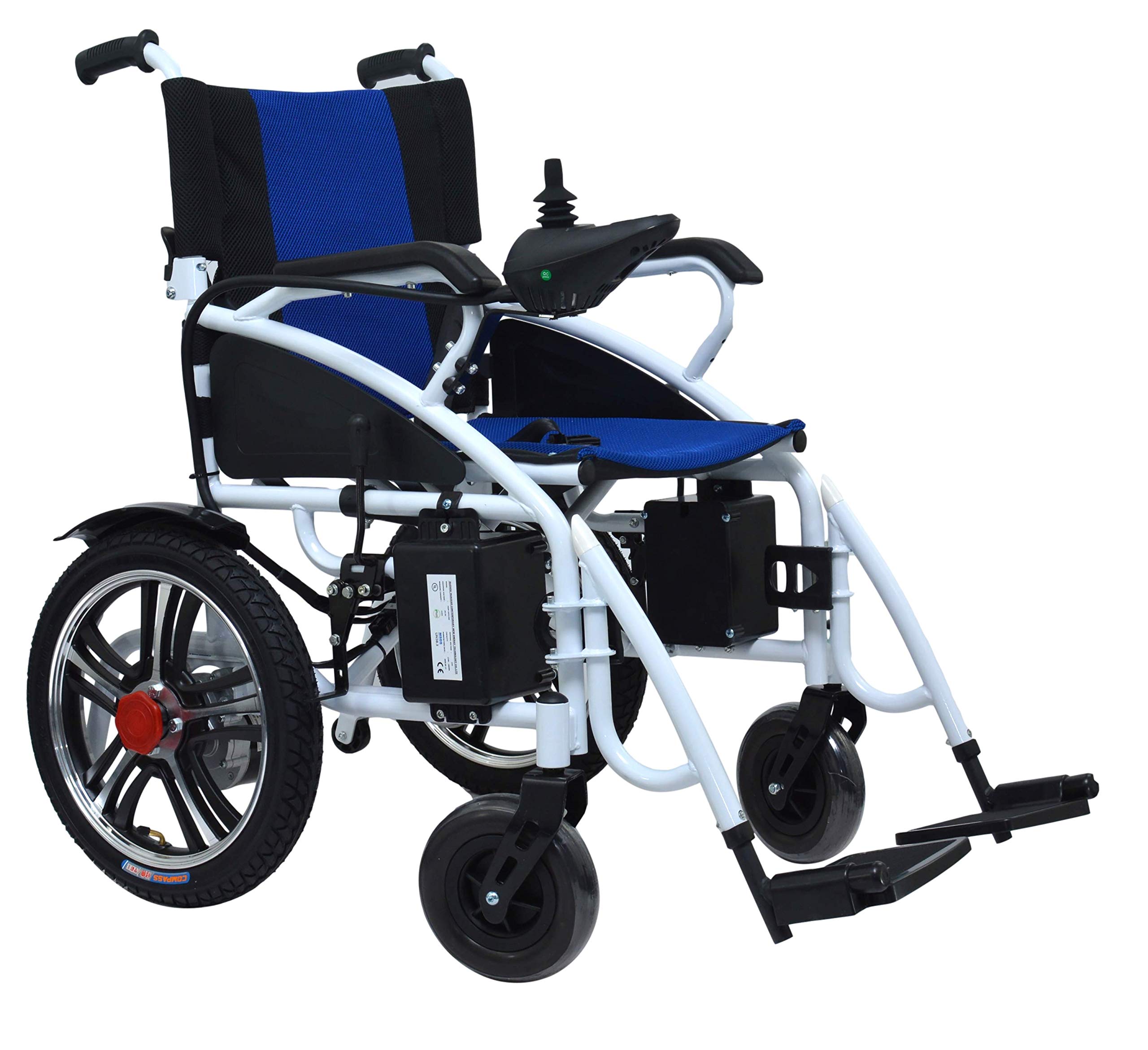 Durable Folding Electric Wheelchair - Portable Motorized Mobility Scooter with Power Transport - Lightweight Foldable Design (Blue-White) - Ideal for Travel, Shopping & Indoor/Outdoor Use