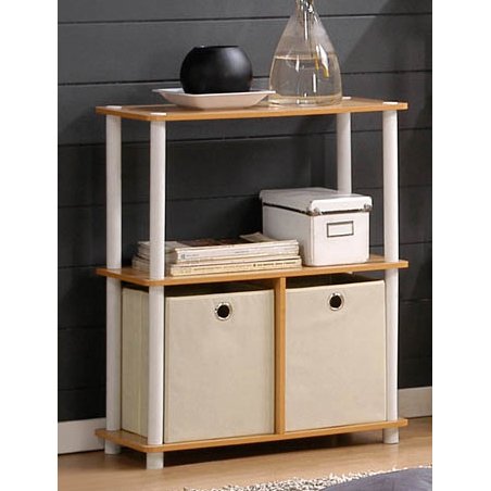 Furinno 3-Tier Multipurpose Storage Shelf - Space Saving Bookshelf Cabinet with 2 Bins for Home Office Organization, Beech Finish | Perfect for Storing Books, Toys, Kitchen Supplies & Home Decor