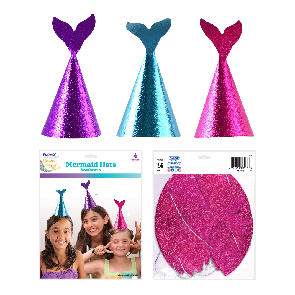 4Ct Mermaid Hat with Embossed Finish - 3 Color Options for Kids Birthday, Halloween Costume & Themed Parties