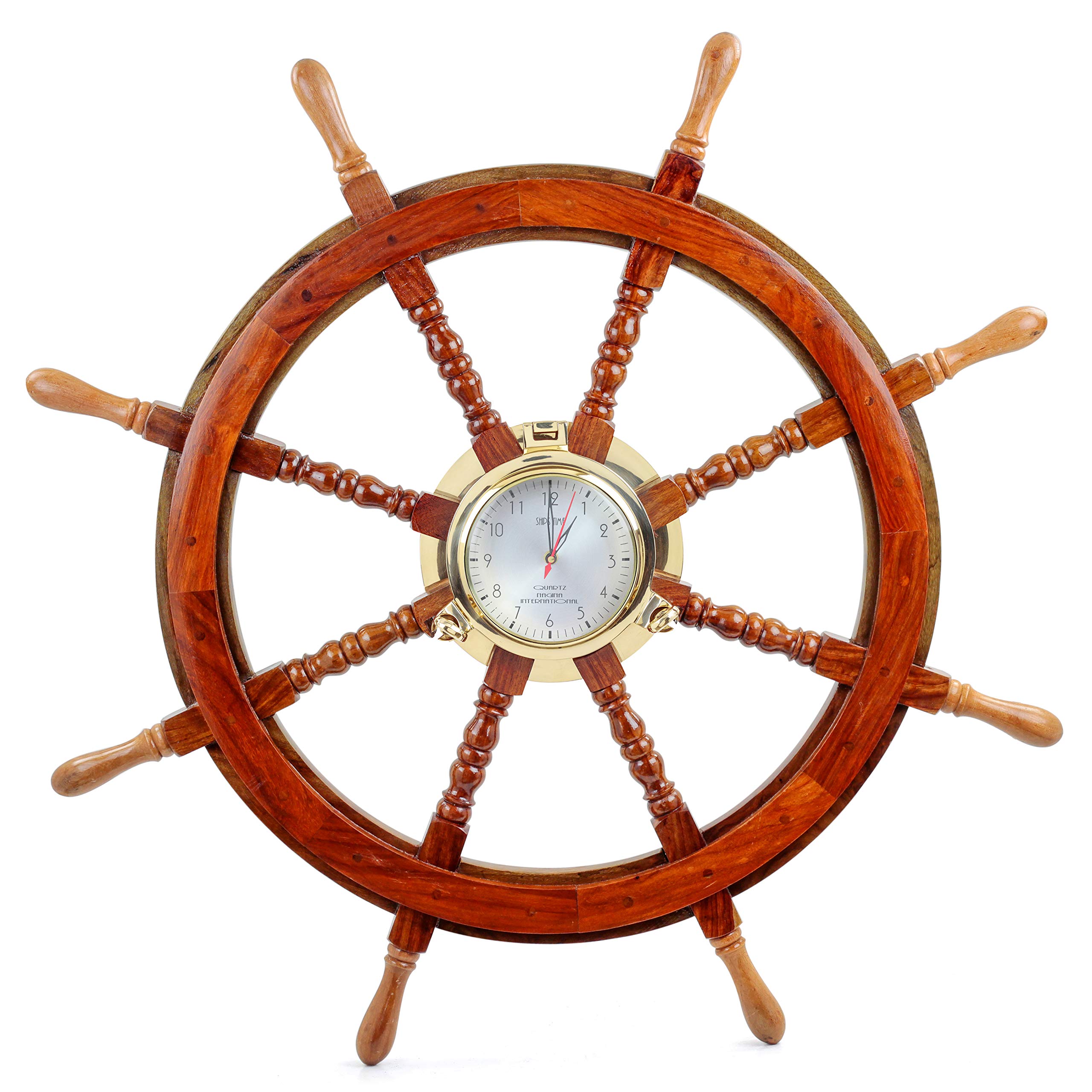 Vintage Nautical Solid Wood Ship Wheel with Clock - 36