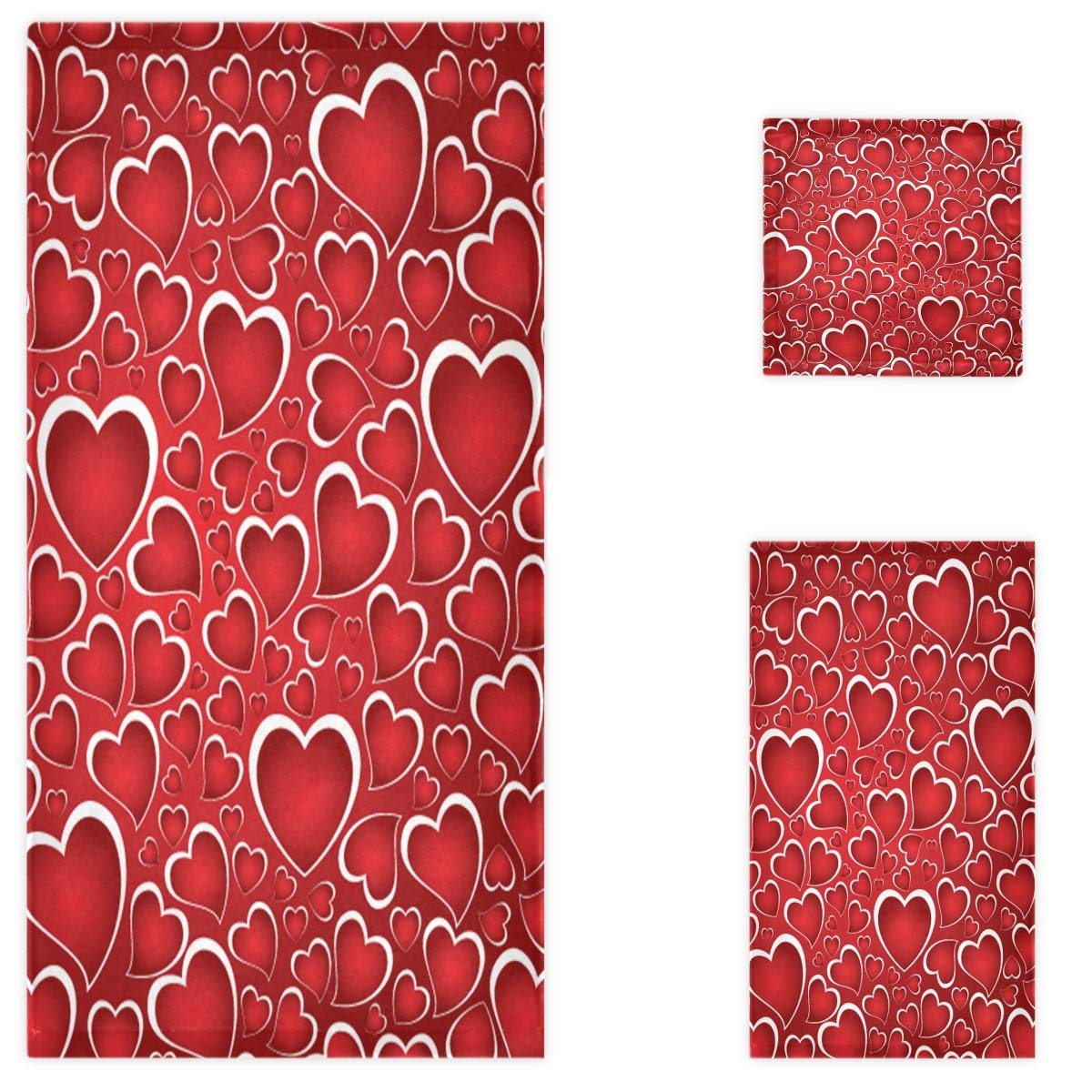 Sweet Red Hearts Valentine's Day Luxury Bath Towel Set - 3 Piece Soft Decorative Towels (1 Bath Towel, 1 Hand Towel, 1 Washcloth) for Bathroom, Hotel, Gym, Spa & Beach - Perfect for Romantic Gifts, Home Decor & Valentine's Day Presents